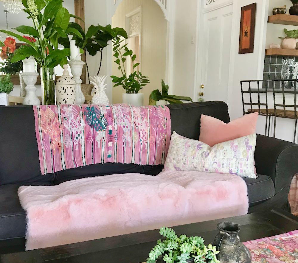 Guatemalan Huipil Pillow, vintage, hand woven pale purple and mauve lumbar cushion from Coban