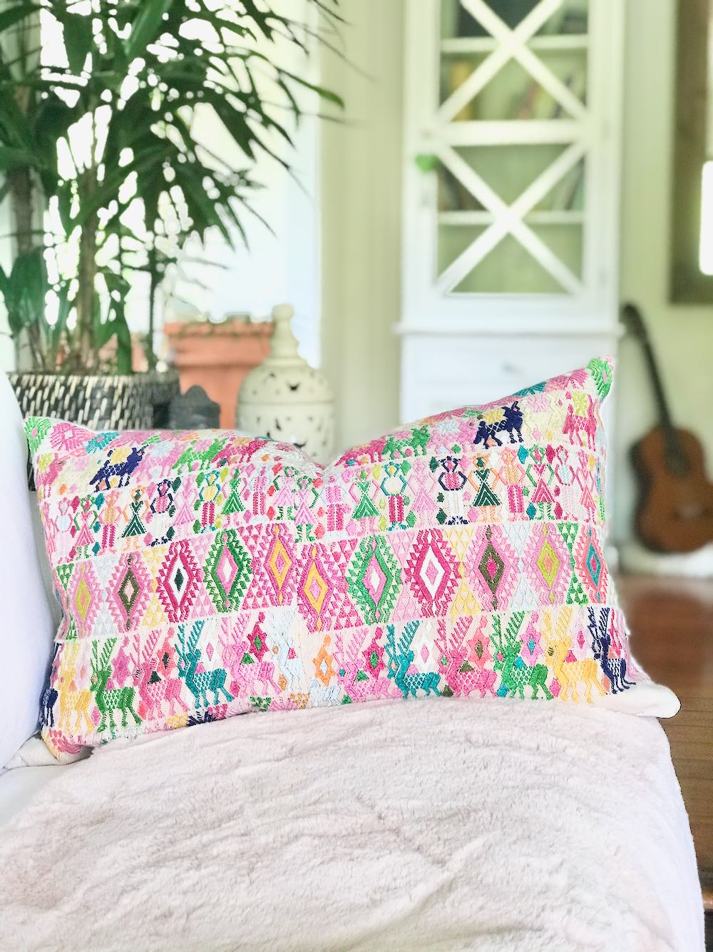 Guatemalan Huipil Pillow, vintage, hand woven colourful pastel lumbar cushion from Coban
