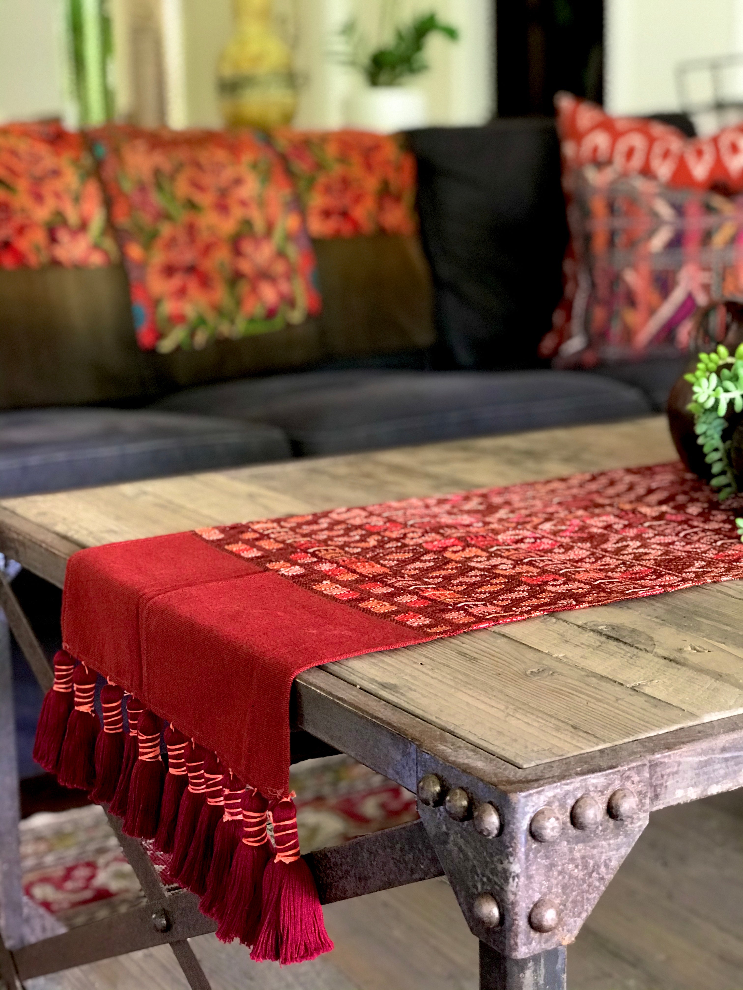 Guatemalan Textile, red table runner repurposed from a huipil from Santa Maria de Jesus