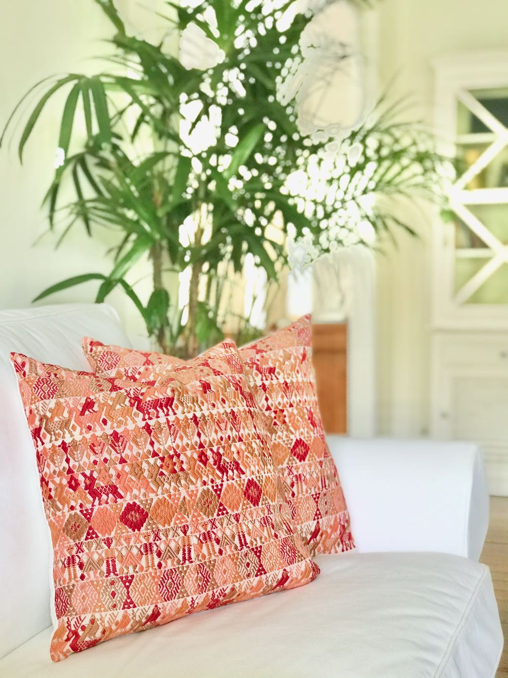 Guatemalan Huipil Pillow, vintage, hand woven coral throw cushion from Coban