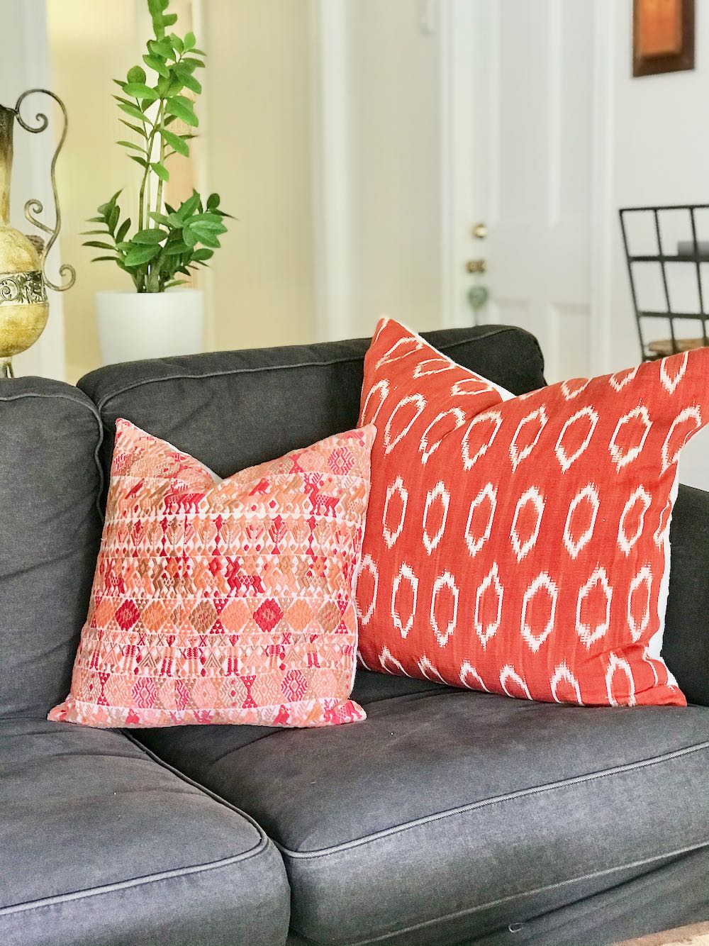 Guatemalan Huipil Pillow, vintage, hand woven coral throw cushion from Coban