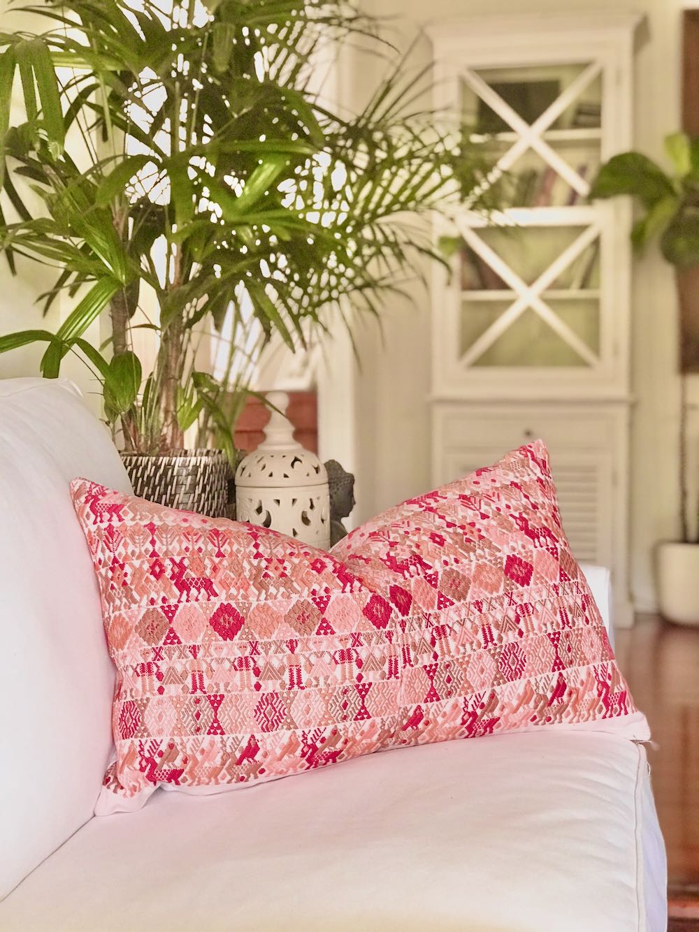 Guatemalan Huipil Pillow, vintage, hand woven coral lumbar cushion from Coban