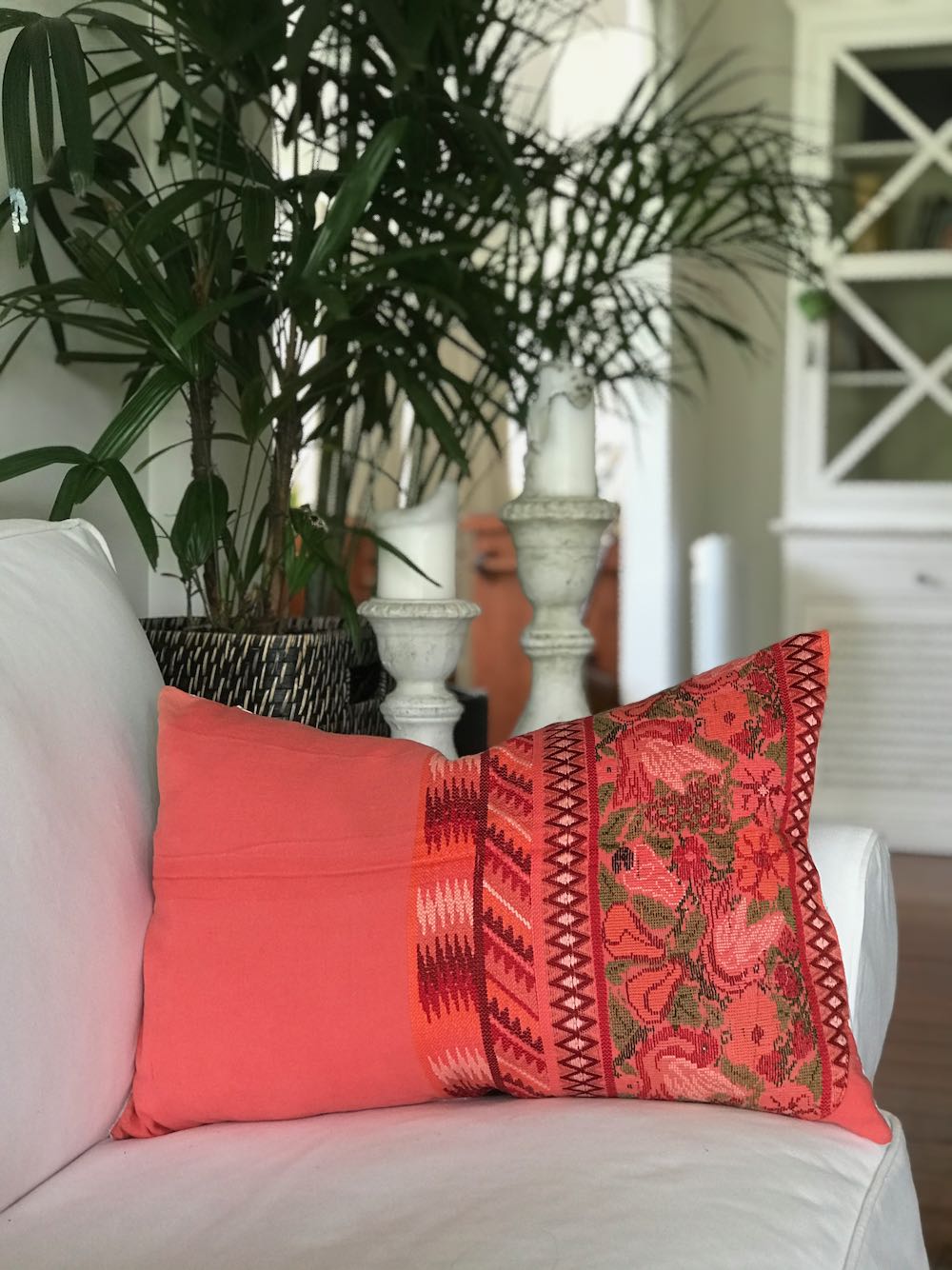 Guatemalan Huipil Pillow, Vintage, hand woven coral floral lumbar cushion from Aguas Calientas