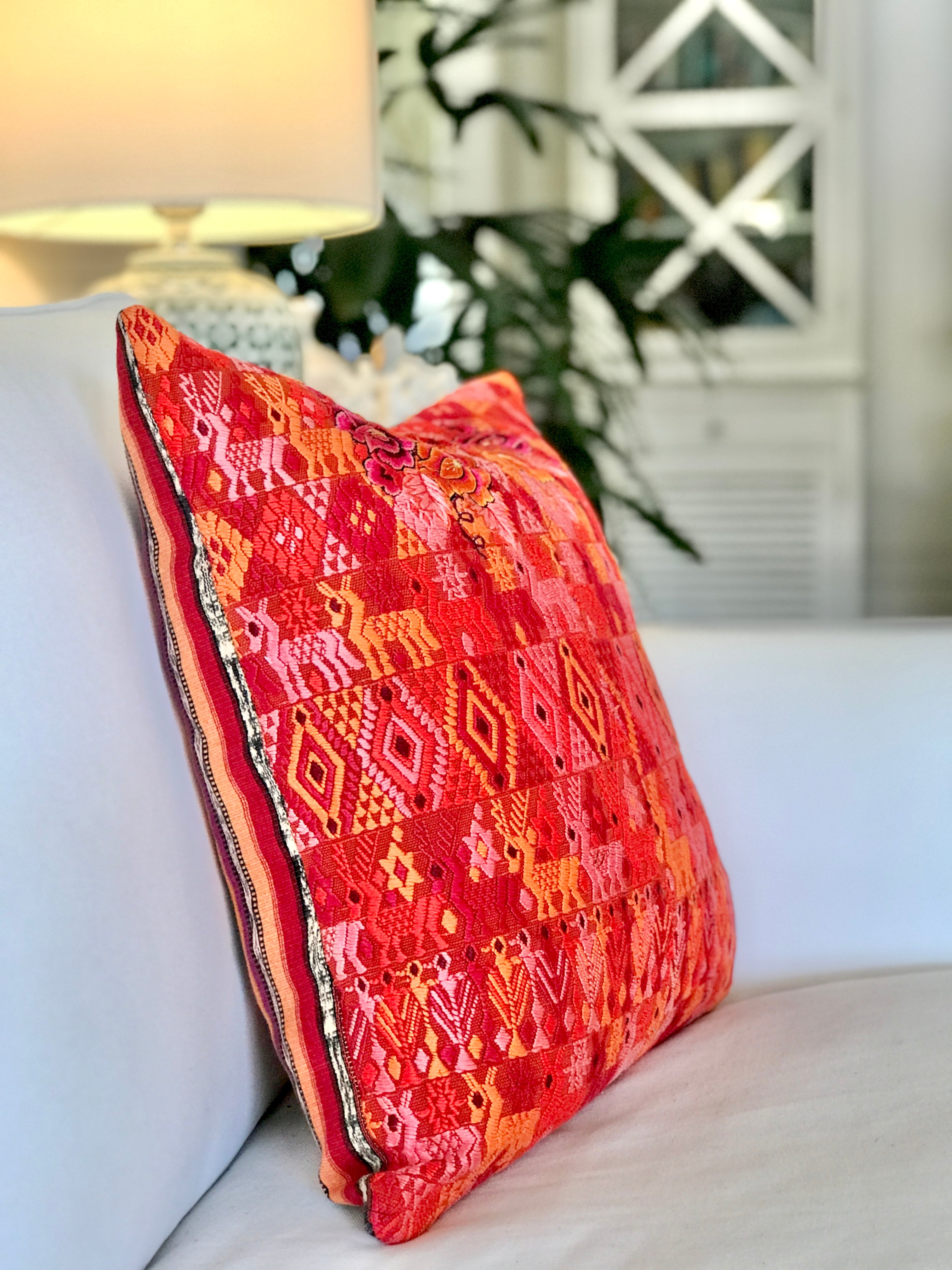 Vintage textile cushions made from a Guatemalan huipil and corte.