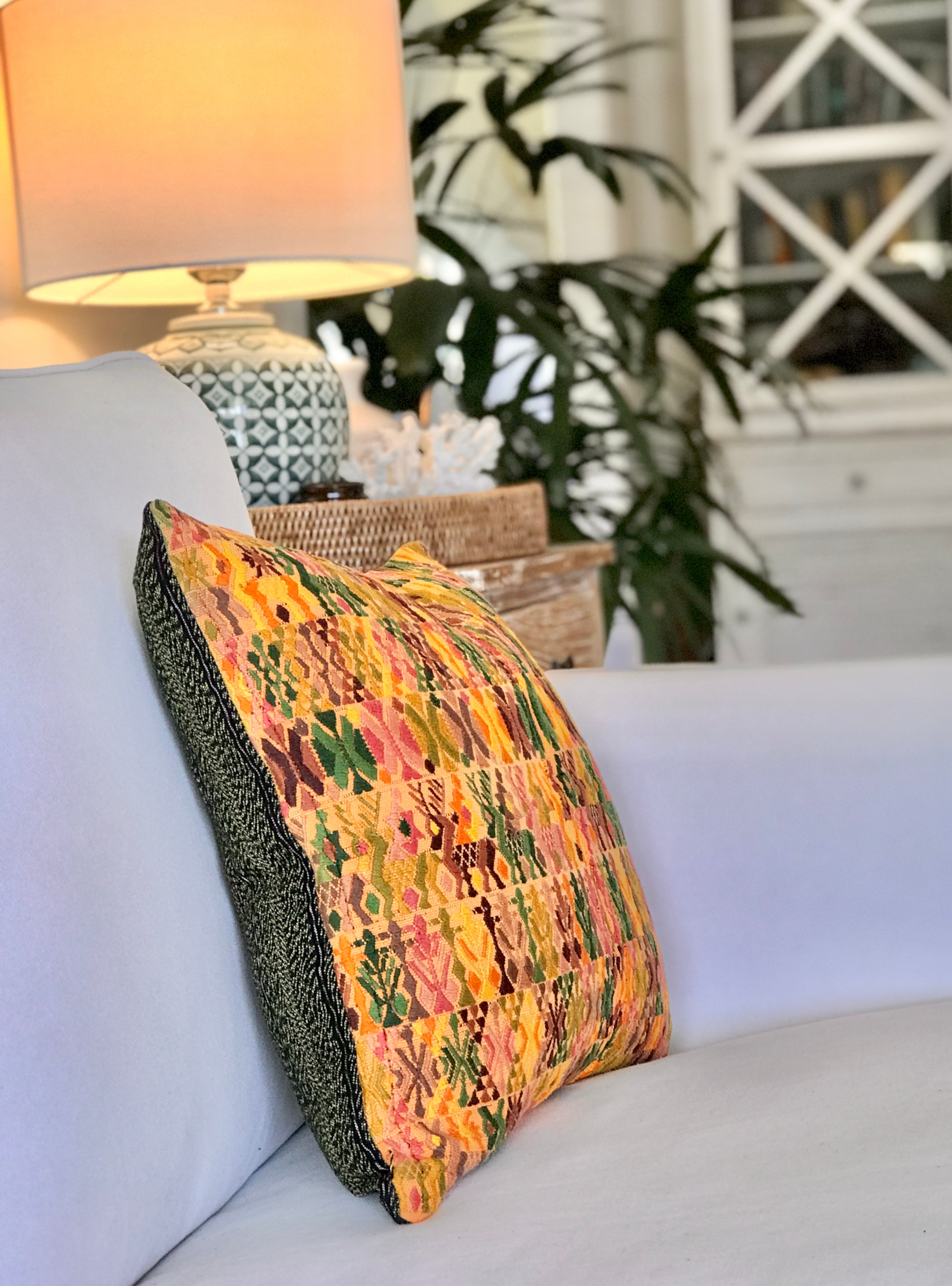 Vintage textile cushions made from a Guatemalan huipil and corte.