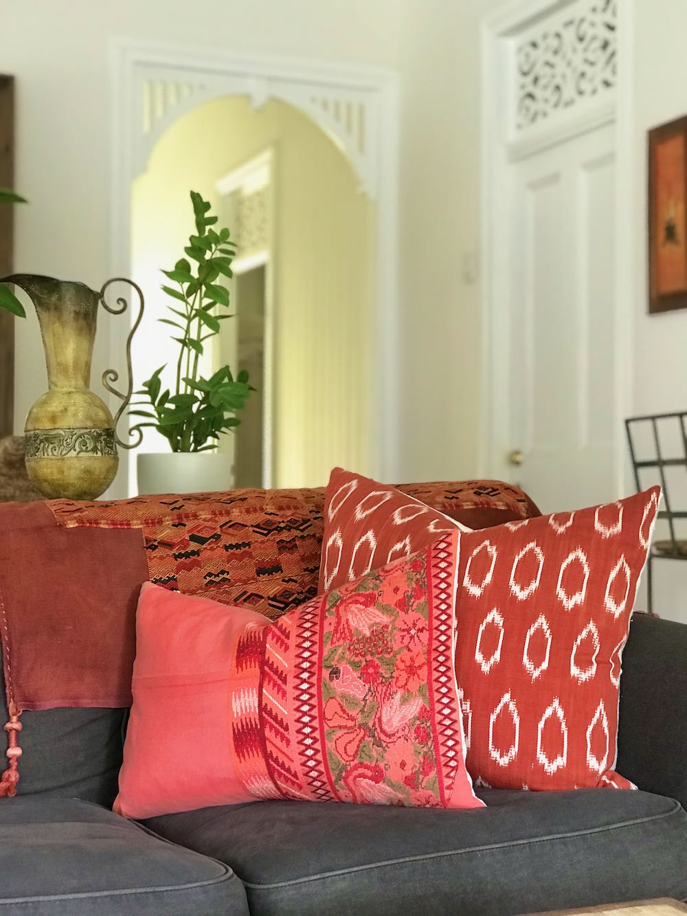 Guatemalan Huipil Pillow, Vintage, hand woven coral floral lumbar cushion from Aguas Calientas