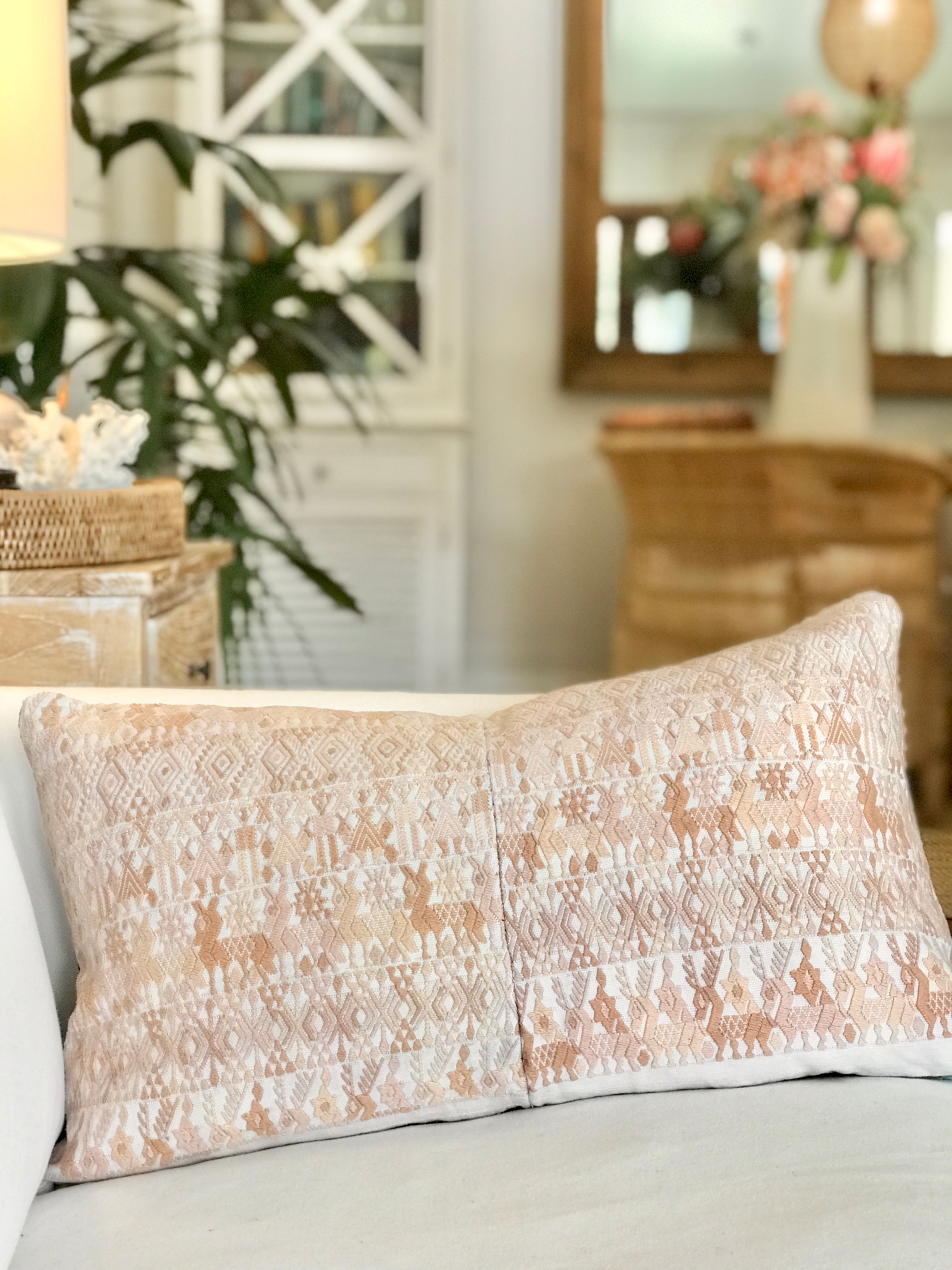 Vintage textile pillows made from a Guatemalan huipil and corte.