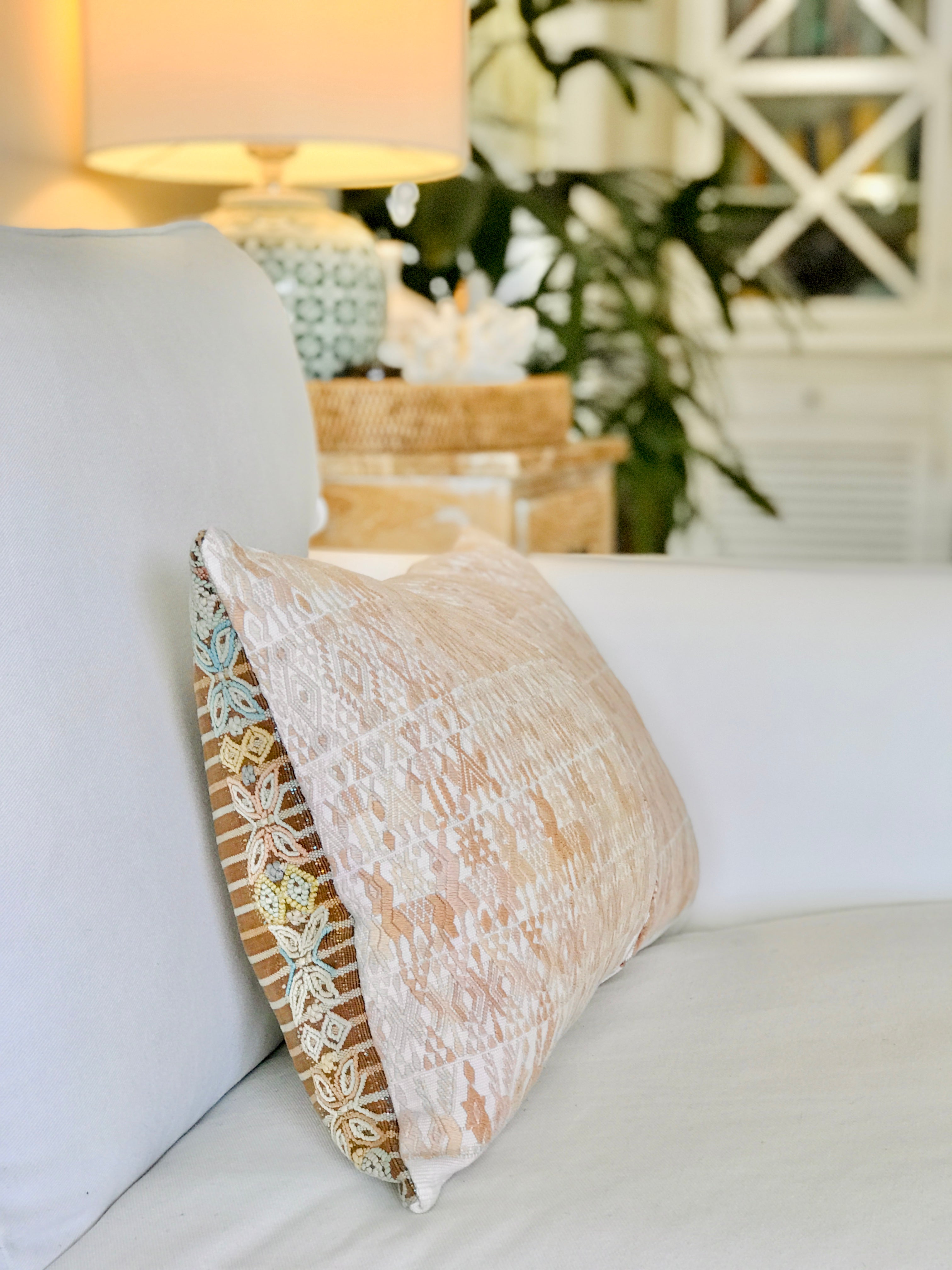 Vintage textile pillows made from a Guatemalan huipil and corte.