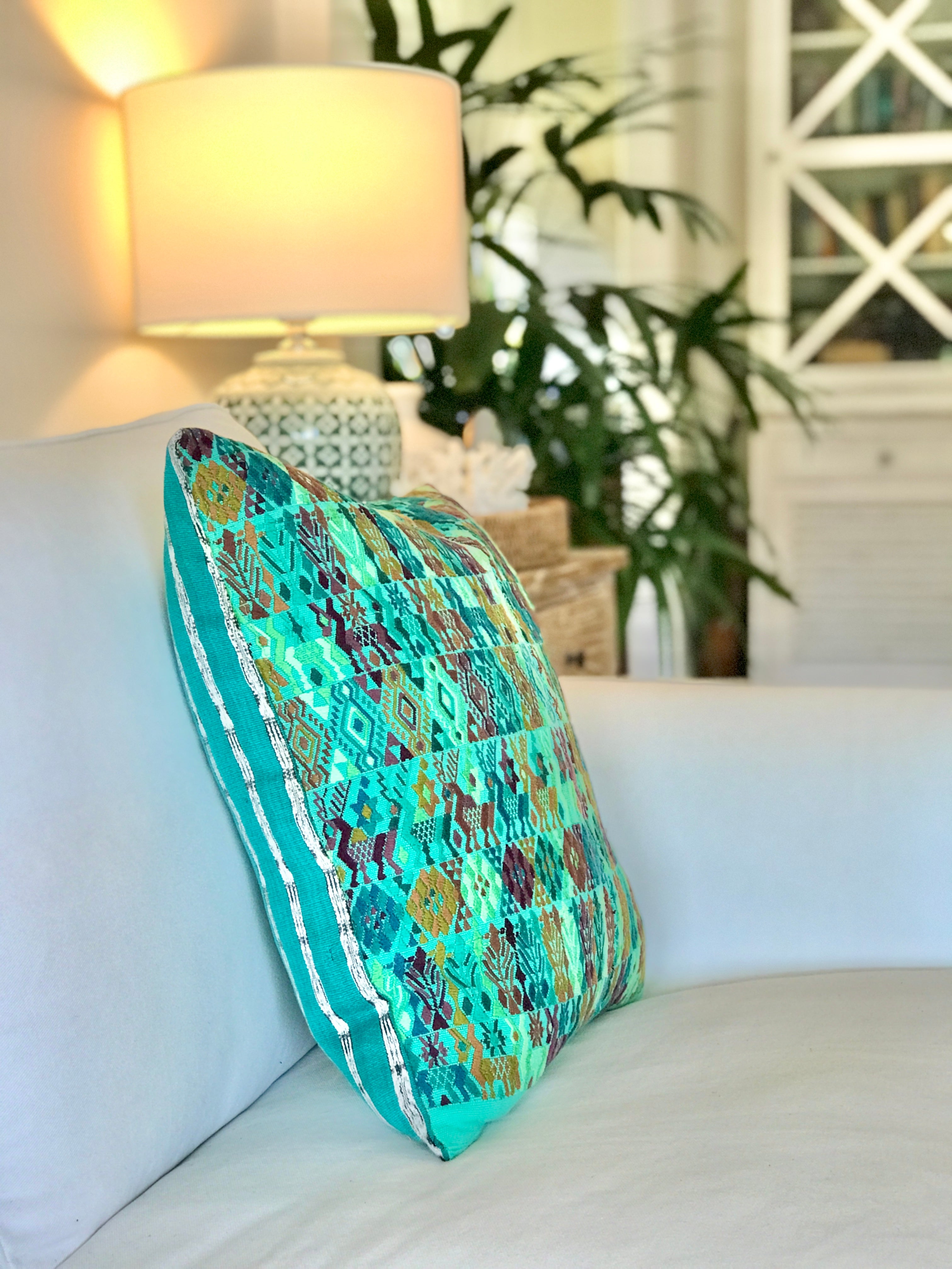 Vintage textile cushions made from a Guatemalan huipil and corte.