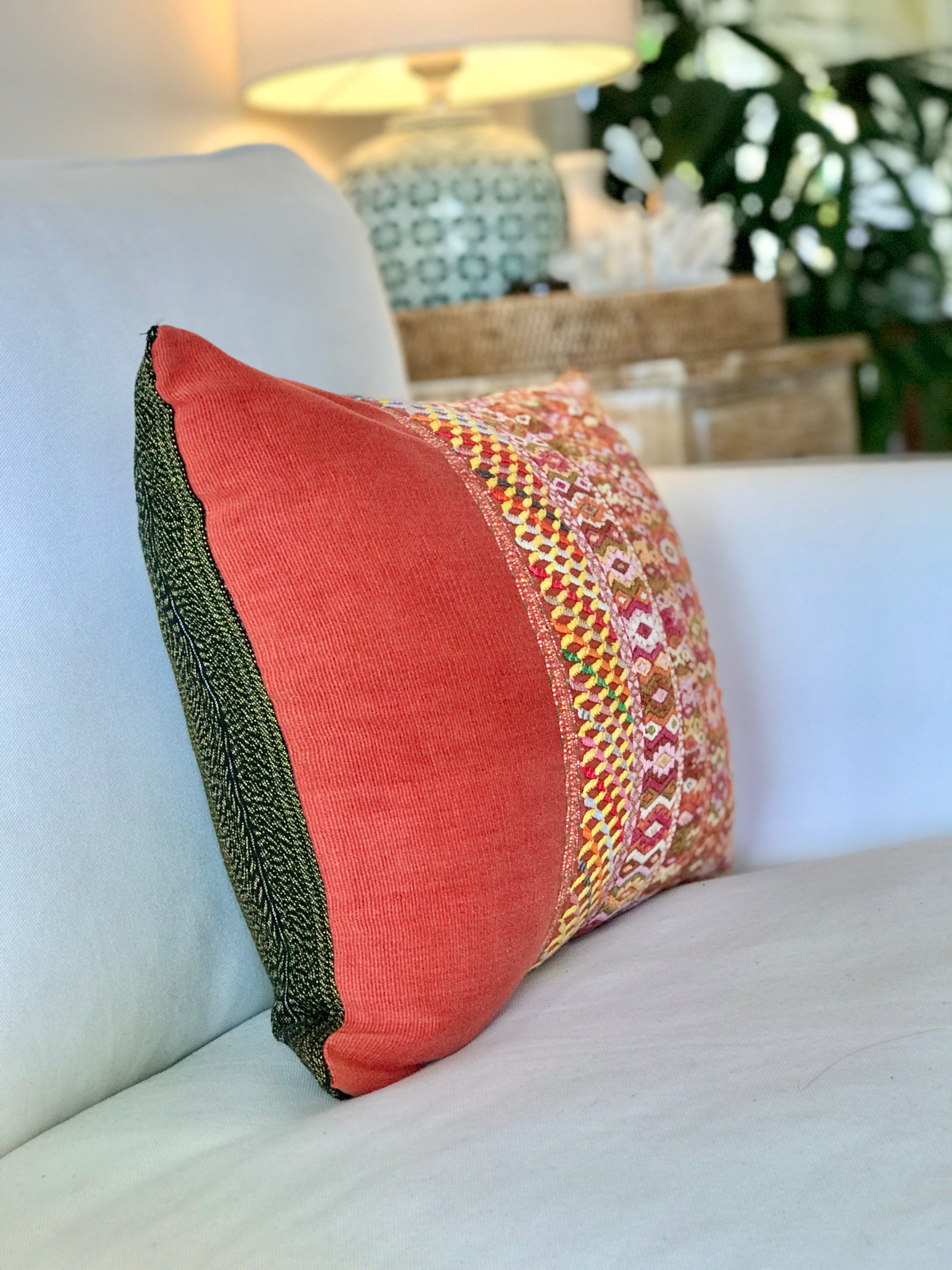 Vintage textile pillows made from a Guatemalan huipil and corte.