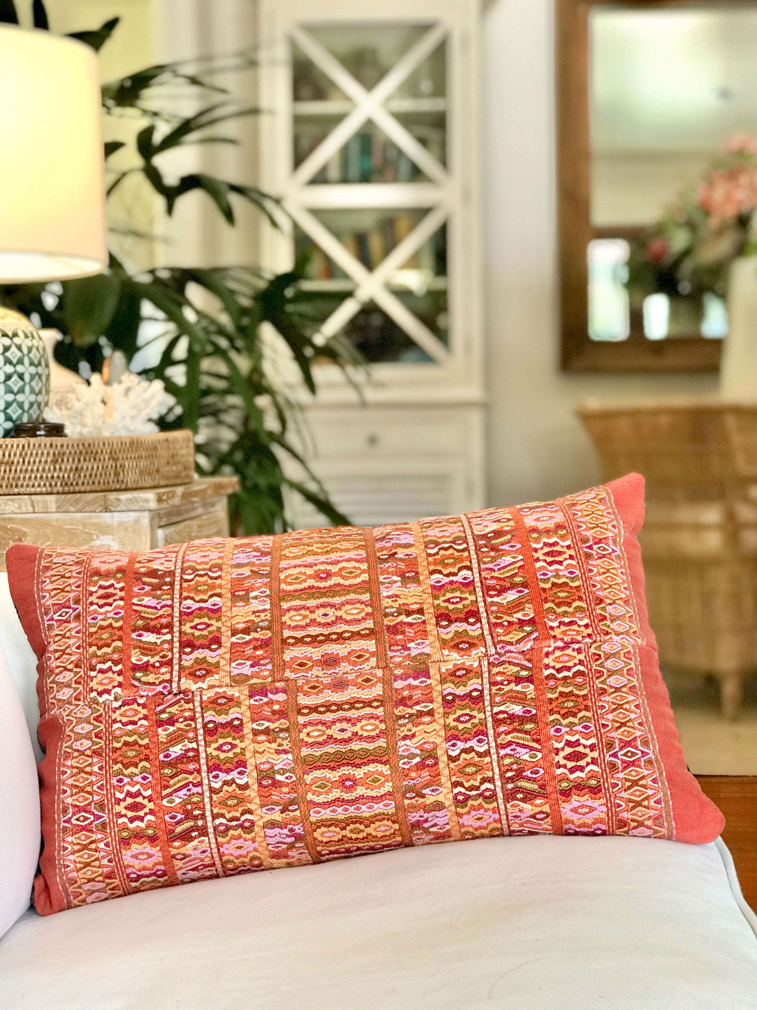 Vintage textile pillows made from a Guatemalan huipil and corte.