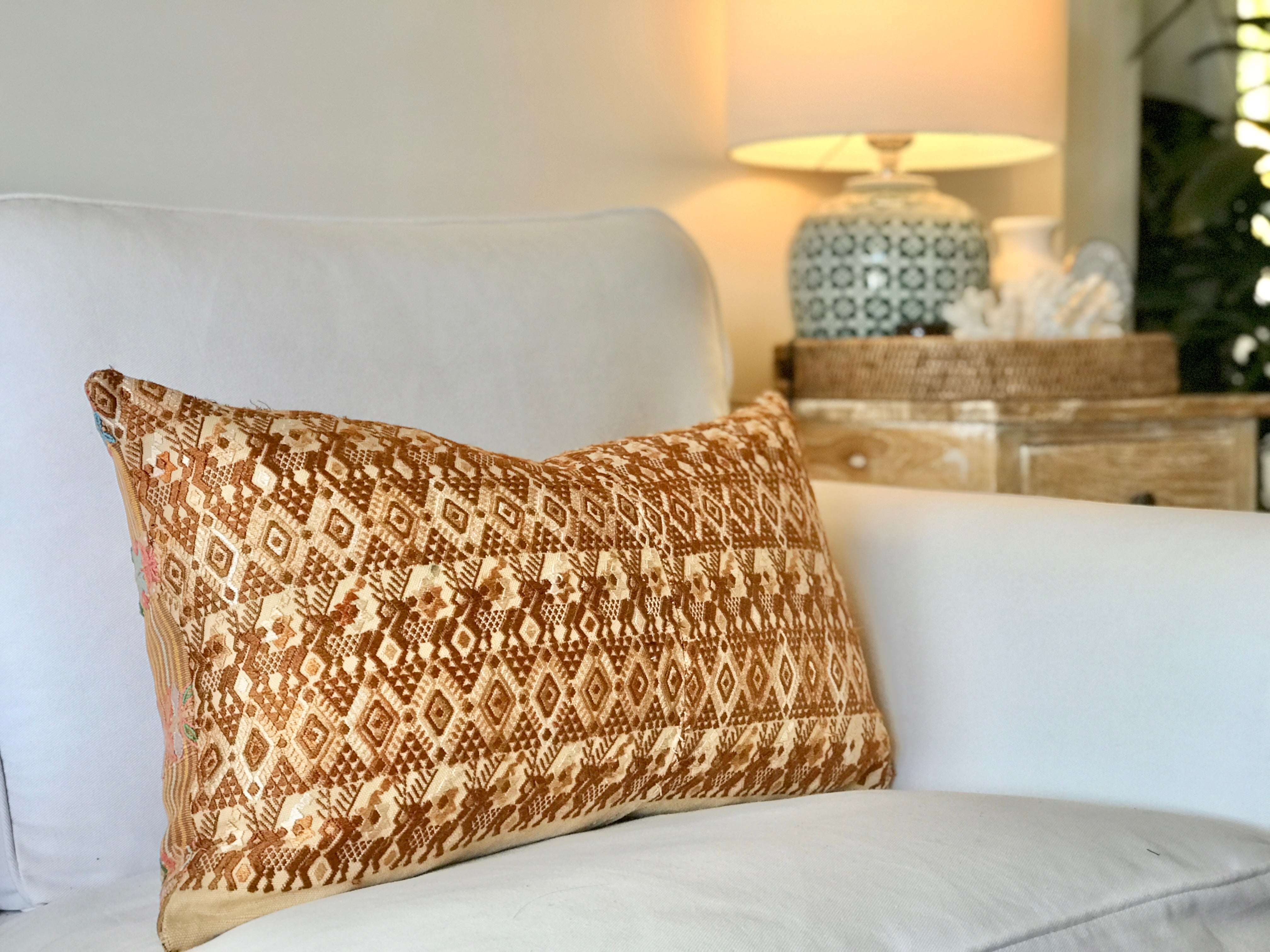 Vintage textile cushions made from a Guatemalan huipil and corte.