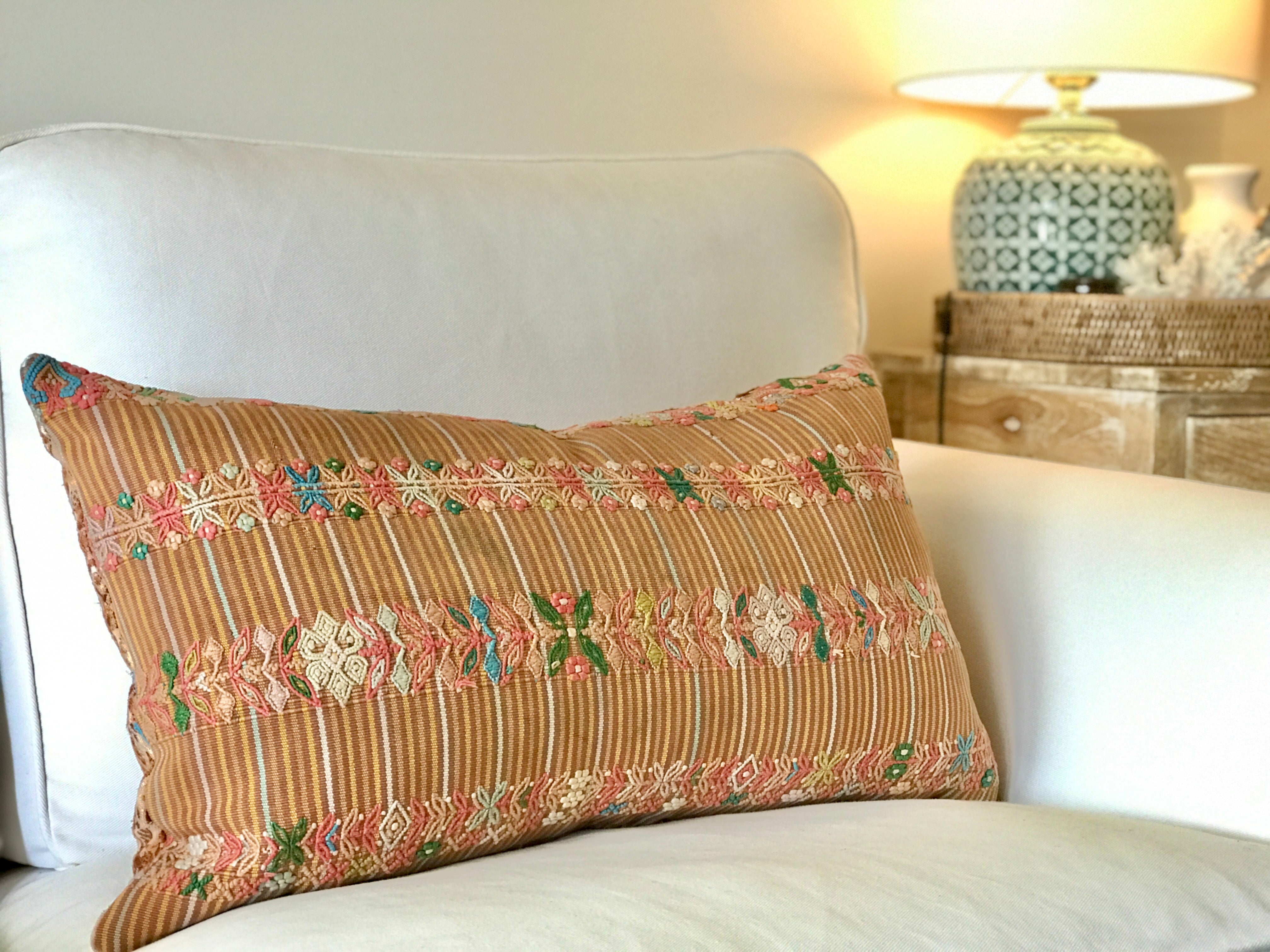 Vintage textile cushions made from a Guatemalan huipil and corte.