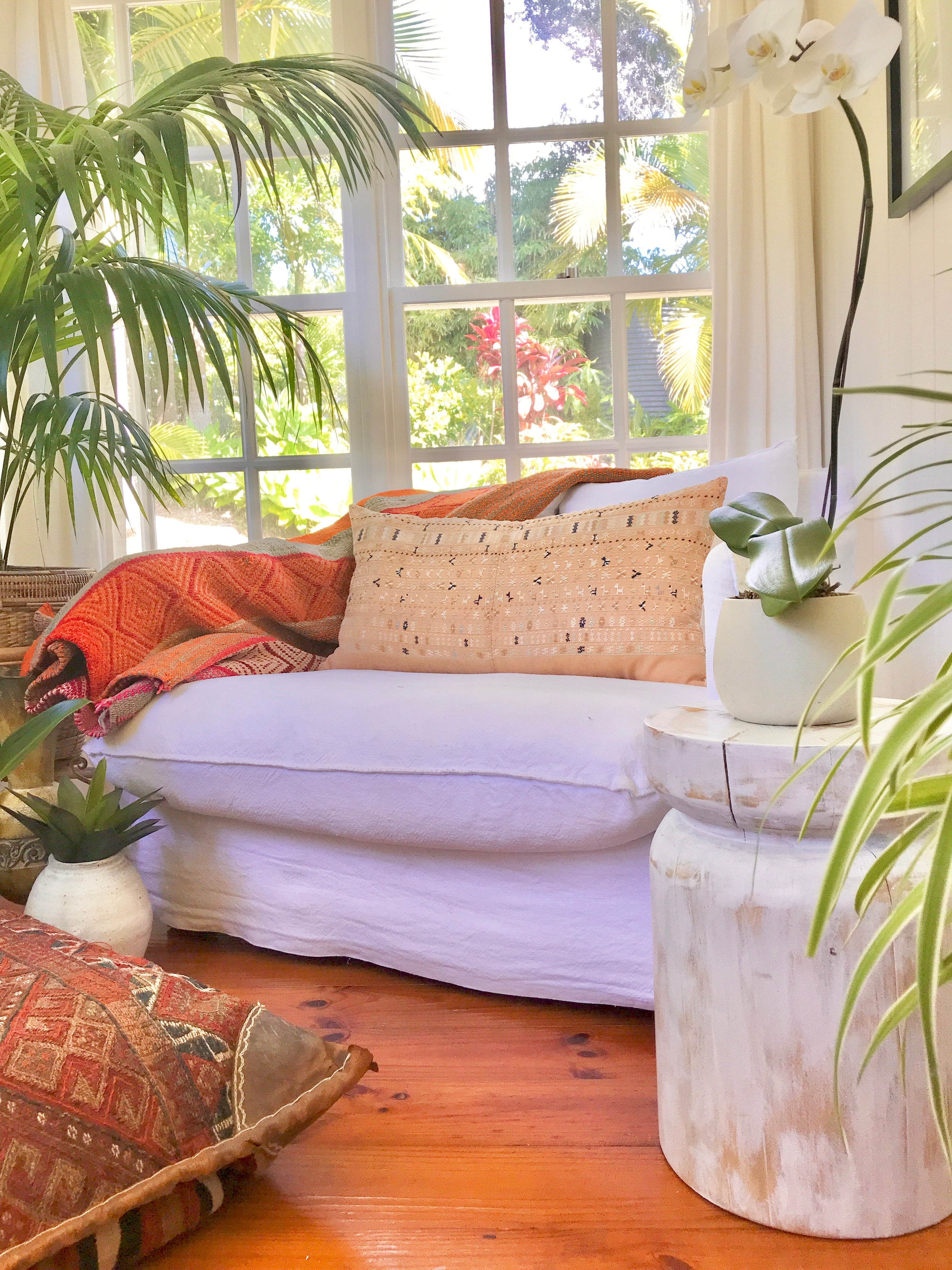 Vintage textile pillows made from a Guatemalan huipil and corte.