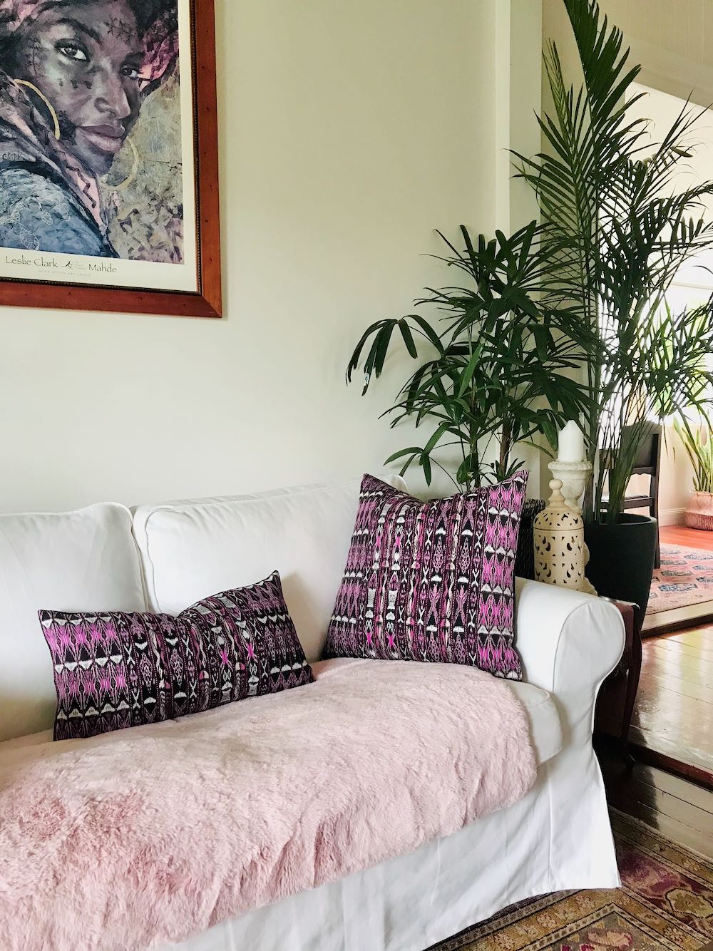 Guatemalan Textile Pillow, vintage hand woven purple striped ikat lumbar cushion