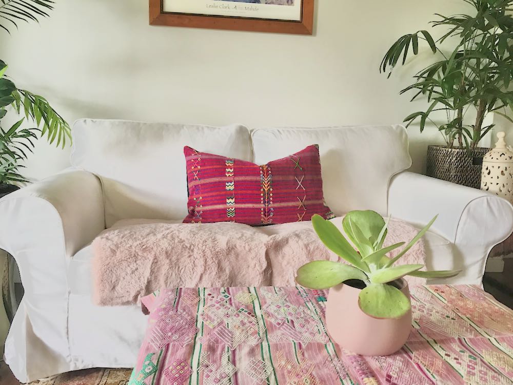 Guatemalan Textile Pillow, vintage, hand woven pink and purple embroidered striped cushion from Colotenango