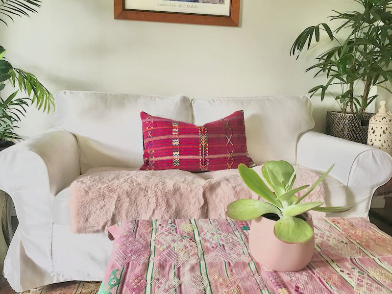 Guatemalan Textile Pillow, vintage, hand woven pink and purple embroidered striped cushion from Colotenango