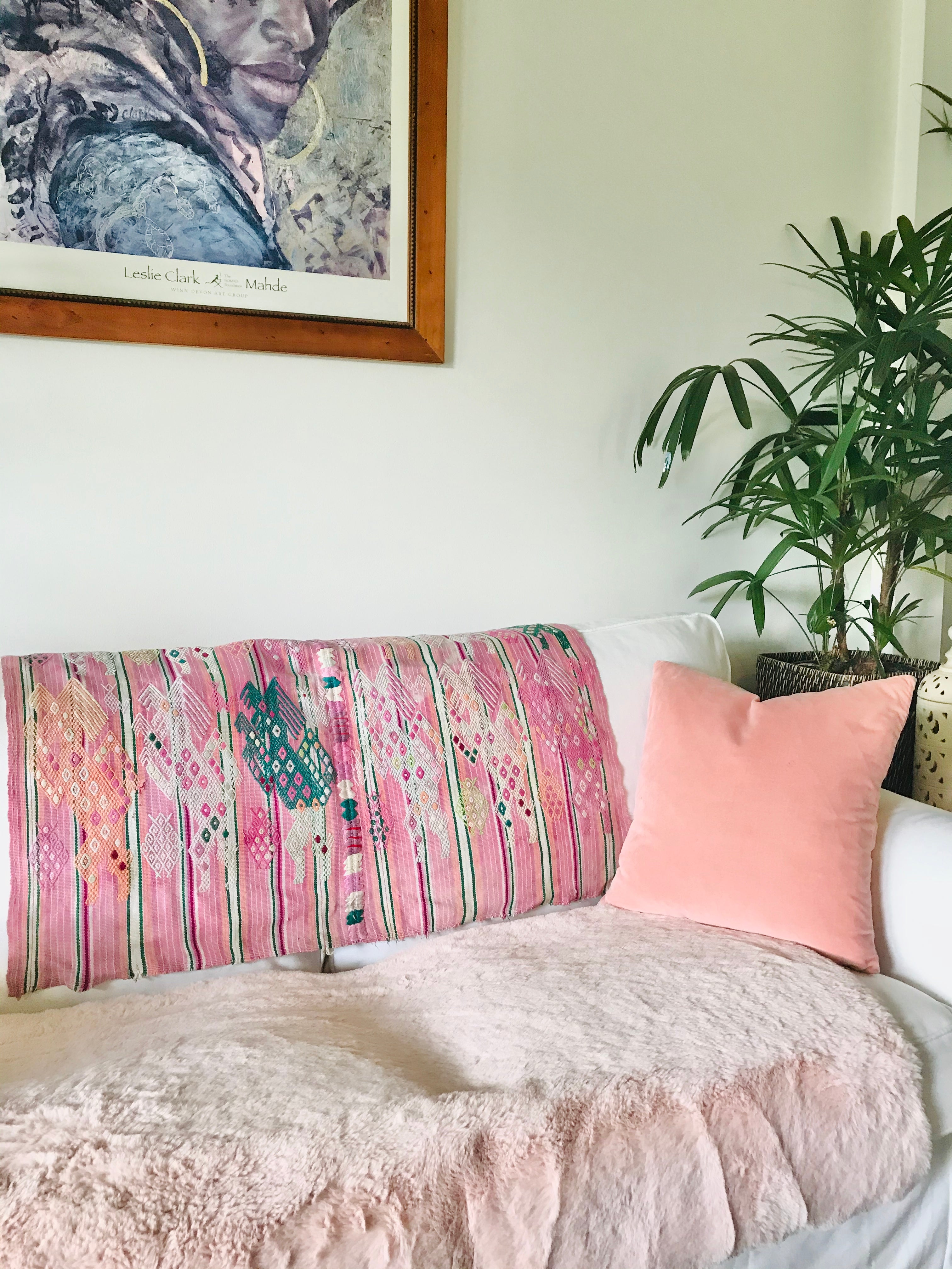 Guatemalan Textile, pink Chichicastenango tzute of embroidered dancing horses in a row