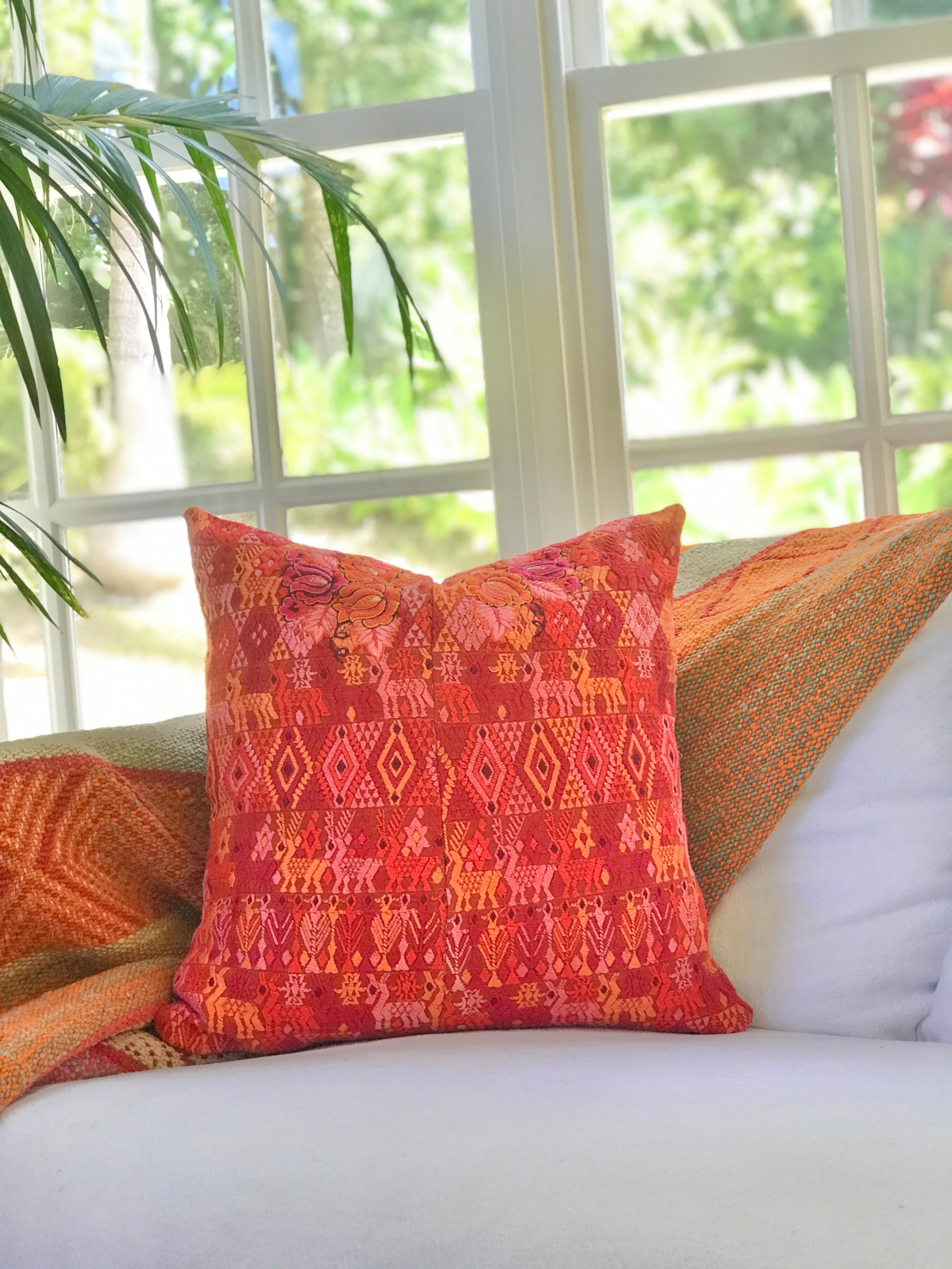 Vintage textile cushions made from a Guatemalan huipil and corte.