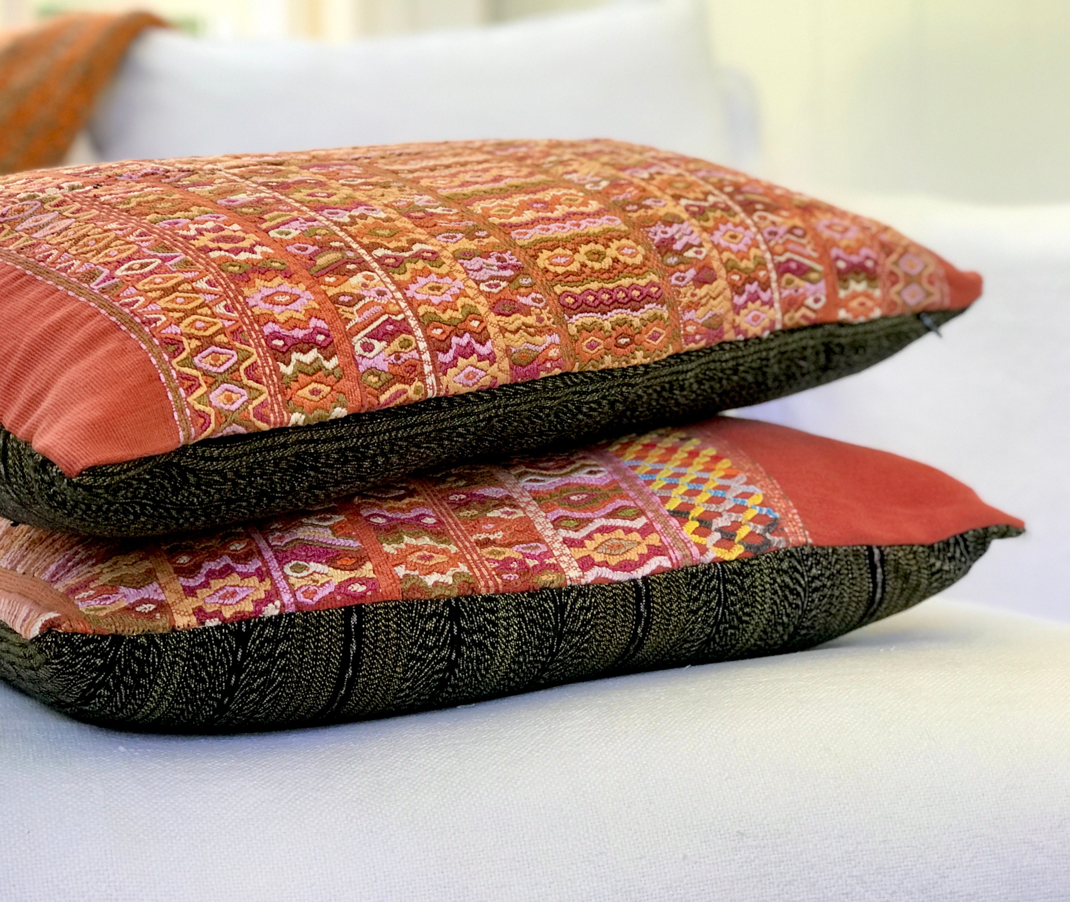 Vintage textile pillows made from a Guatemalan huipil and corte.