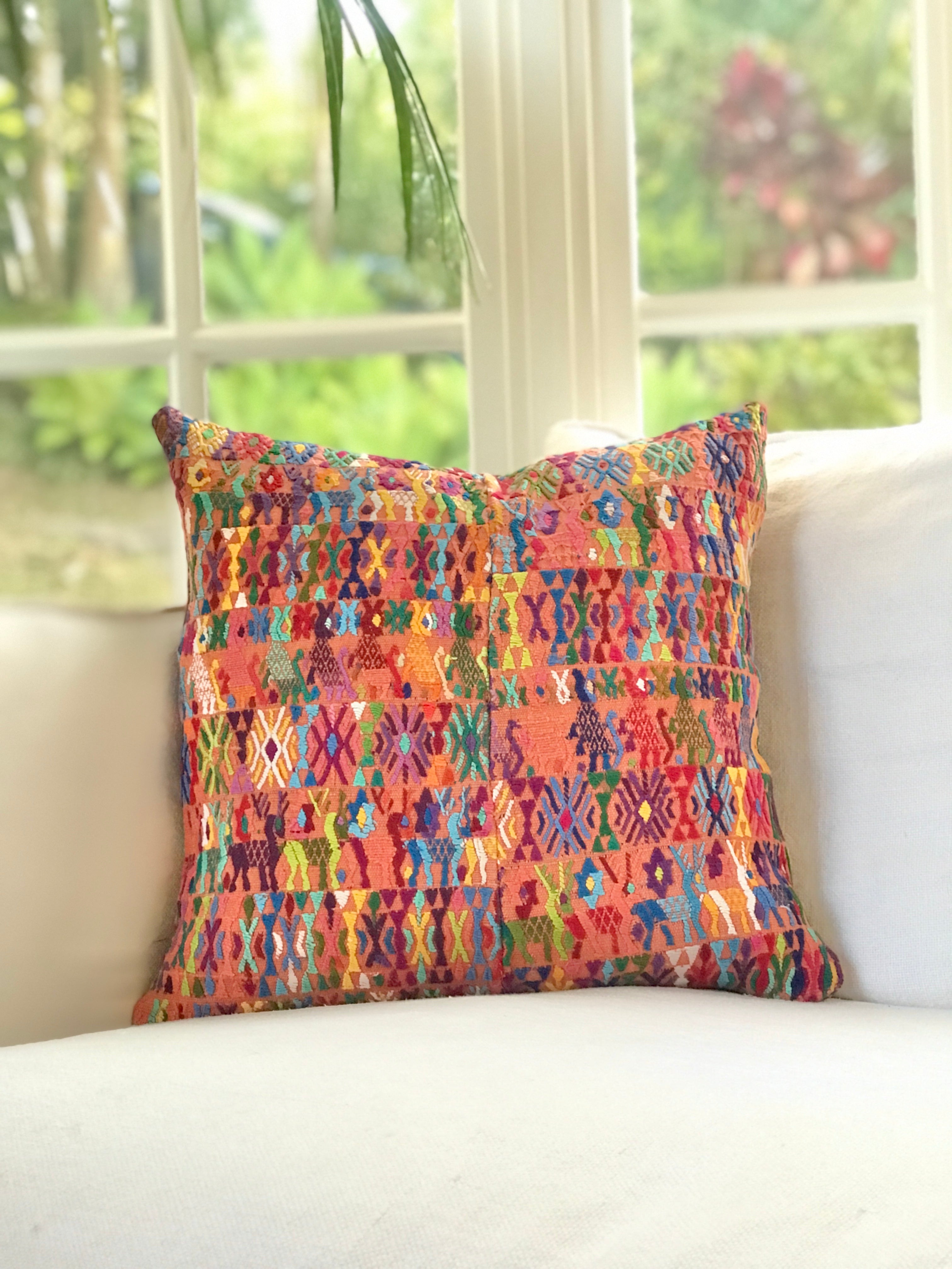 Vintage textile cushions made from a Guatemalan huipil and corte.