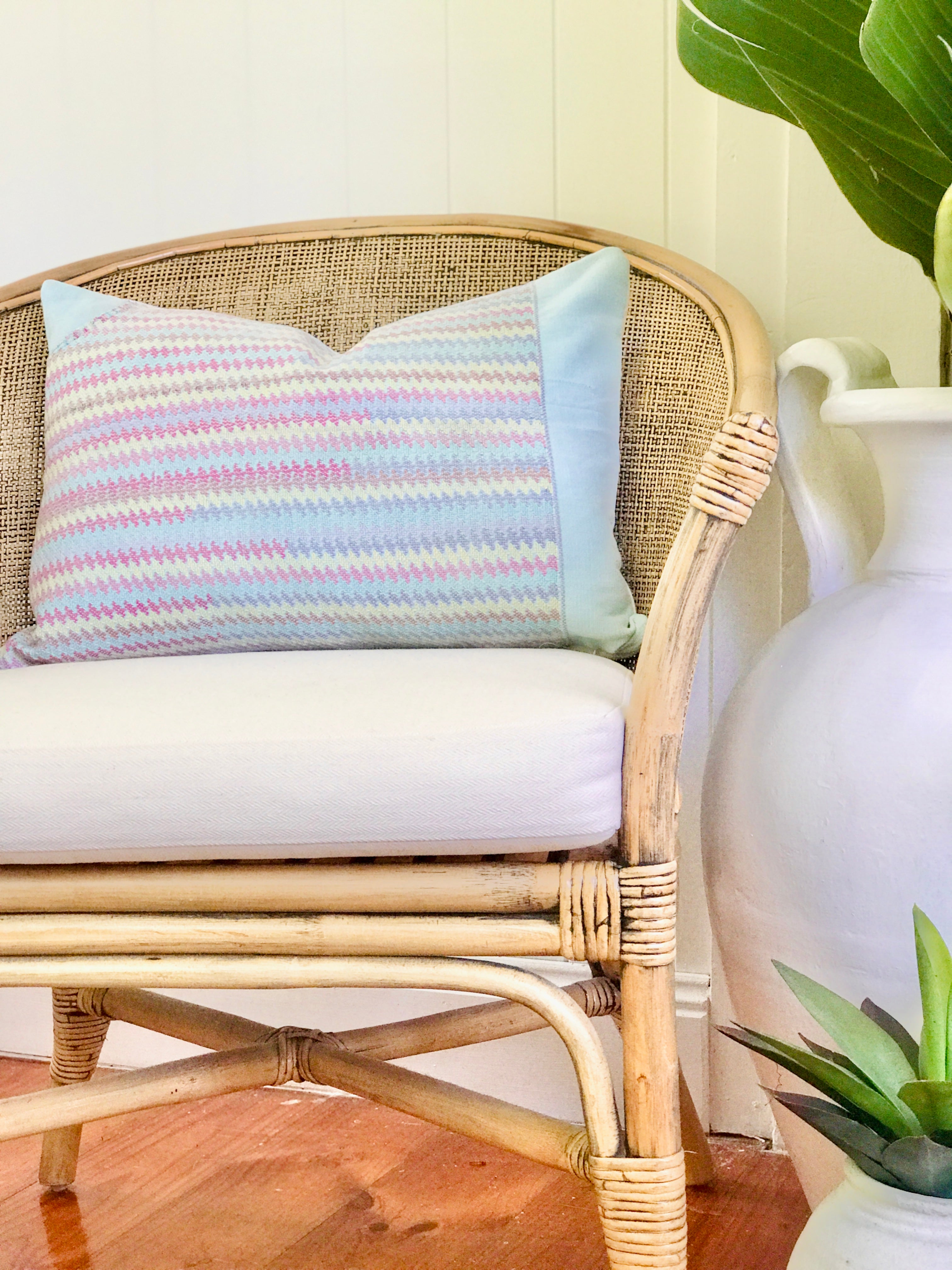 Vintage textile pillows made from a Guatemalan huipil and corte.
