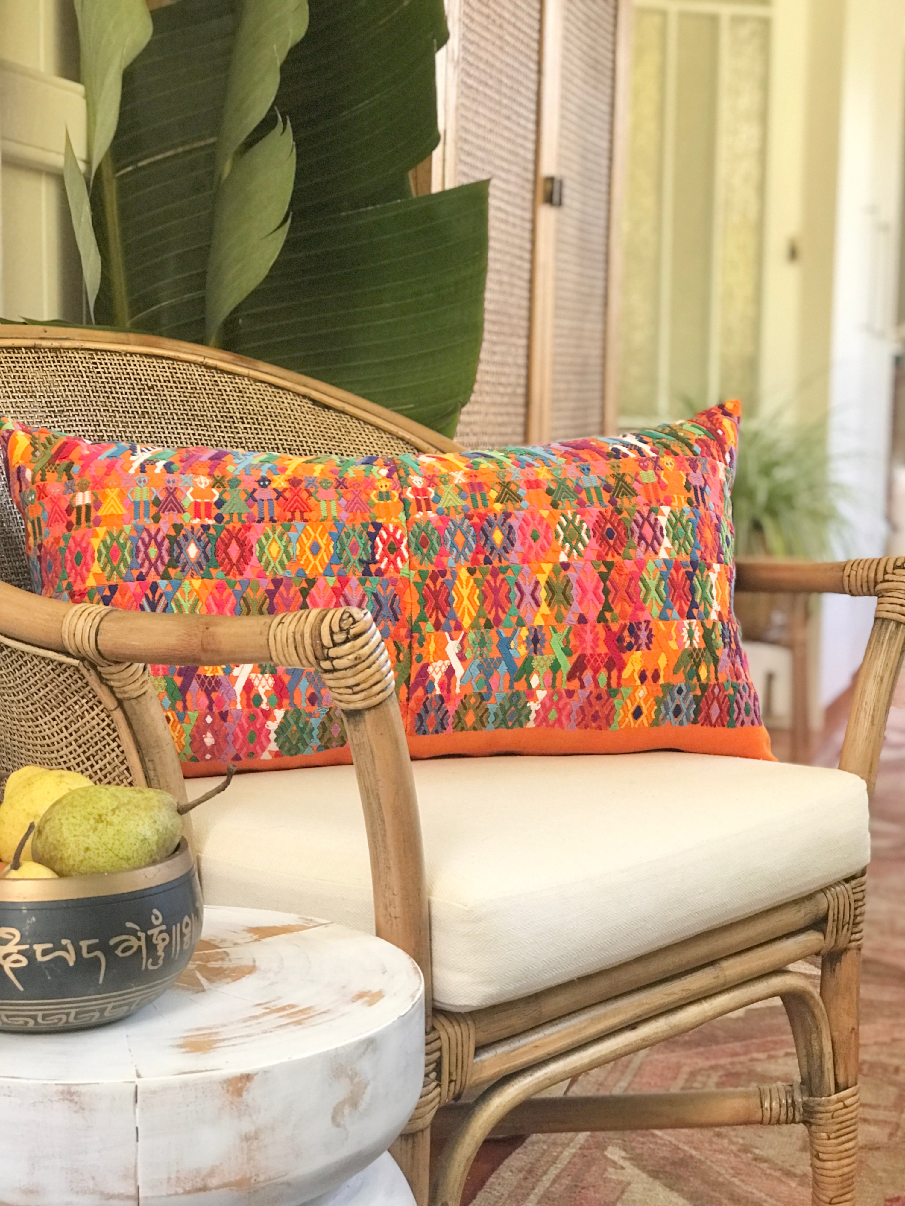 Vintage textile cushions made from a Guatemalan huipil and corte.
