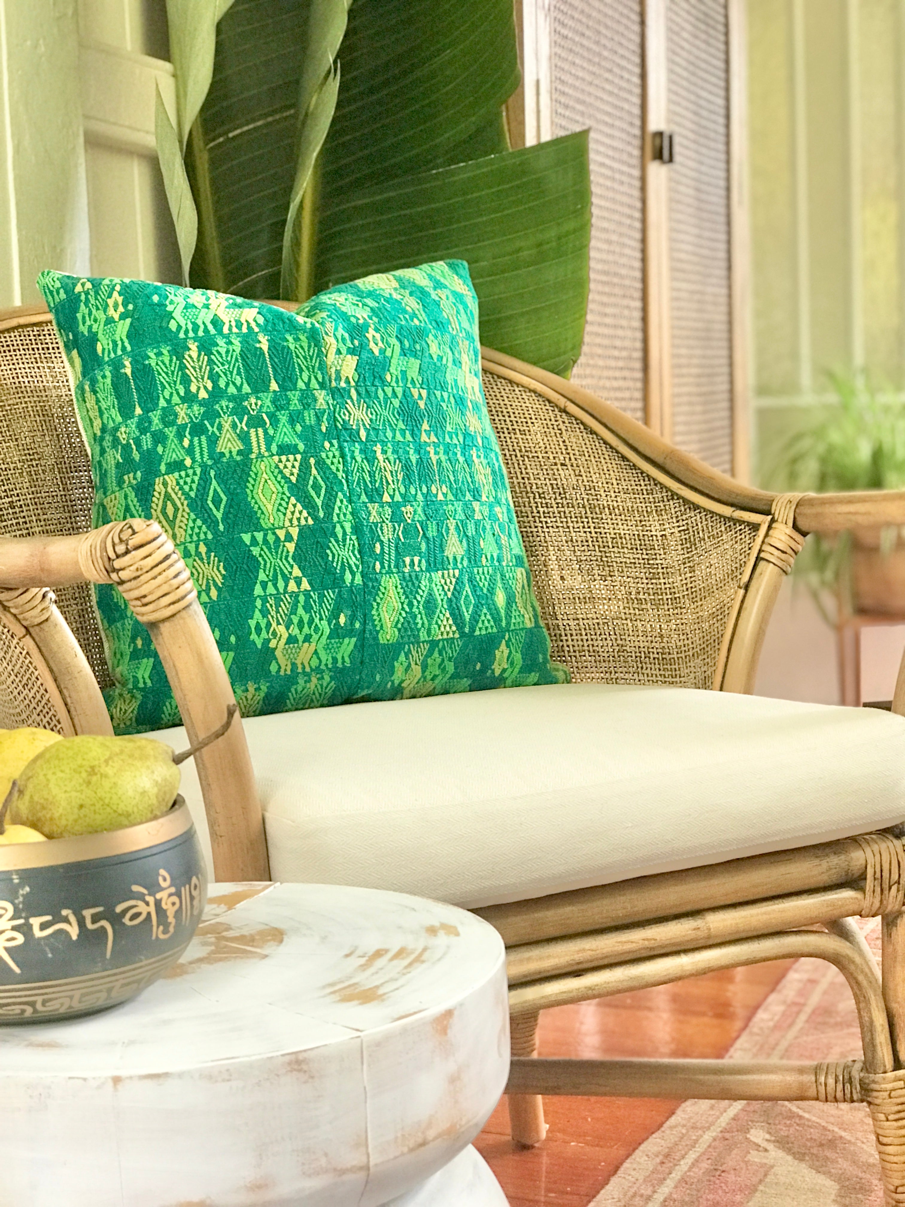 Vintage textile cushions made from a Guatemalan huipil and corte.