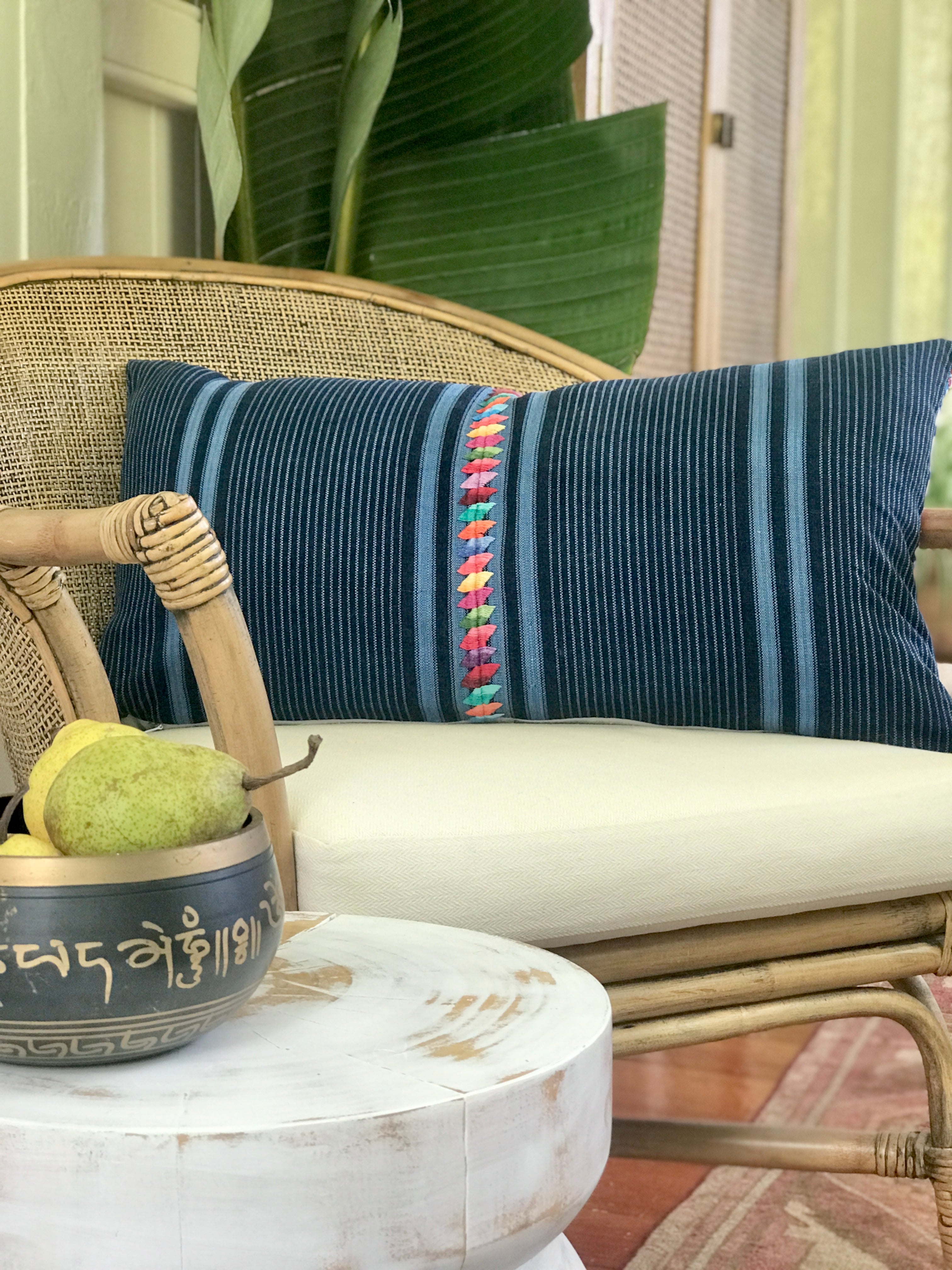 Vintage textile cushions made from a Guatemalan huipil and corte.