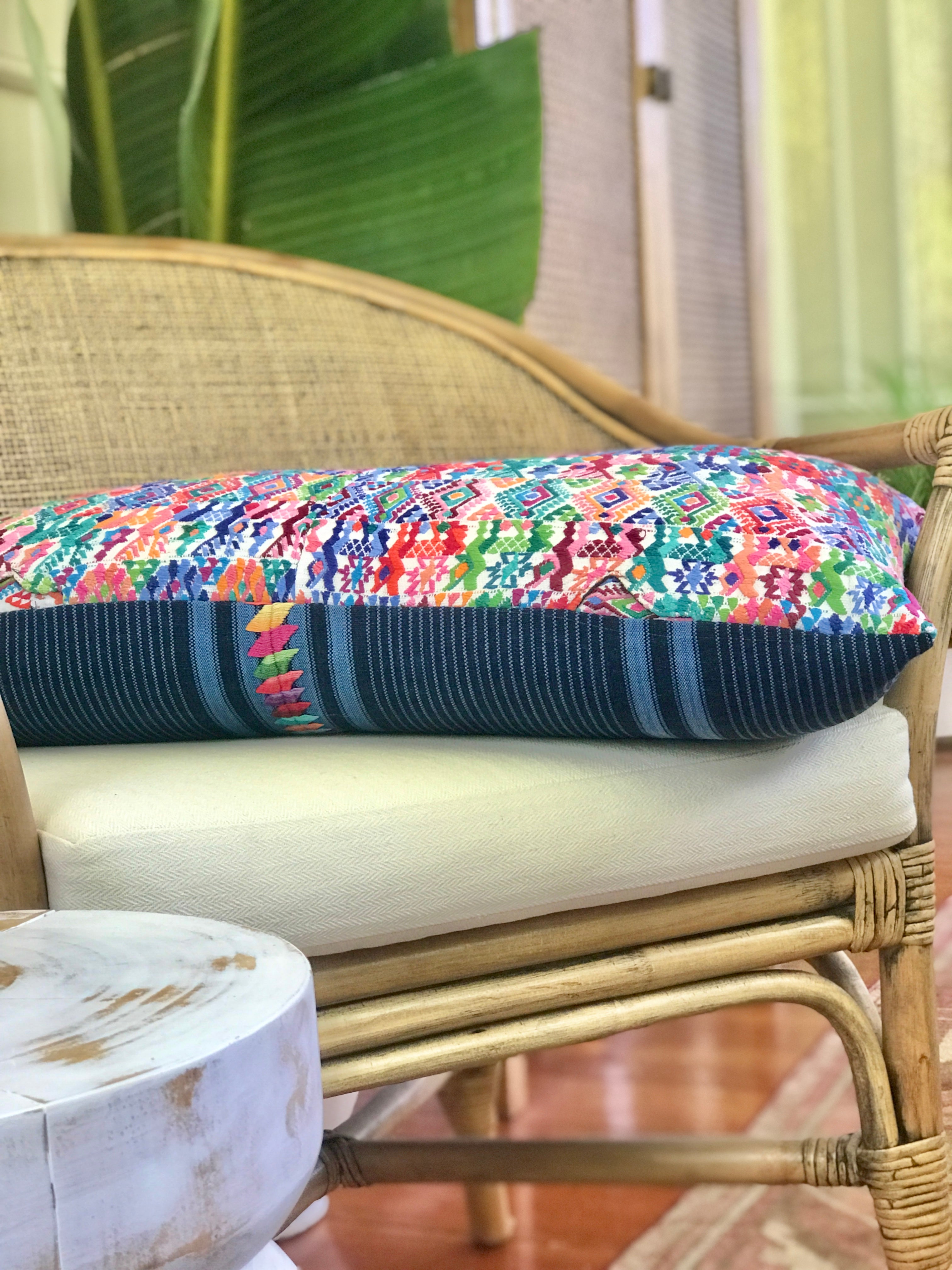 Vintage textile cushions made from a Guatemalan huipil and corte.