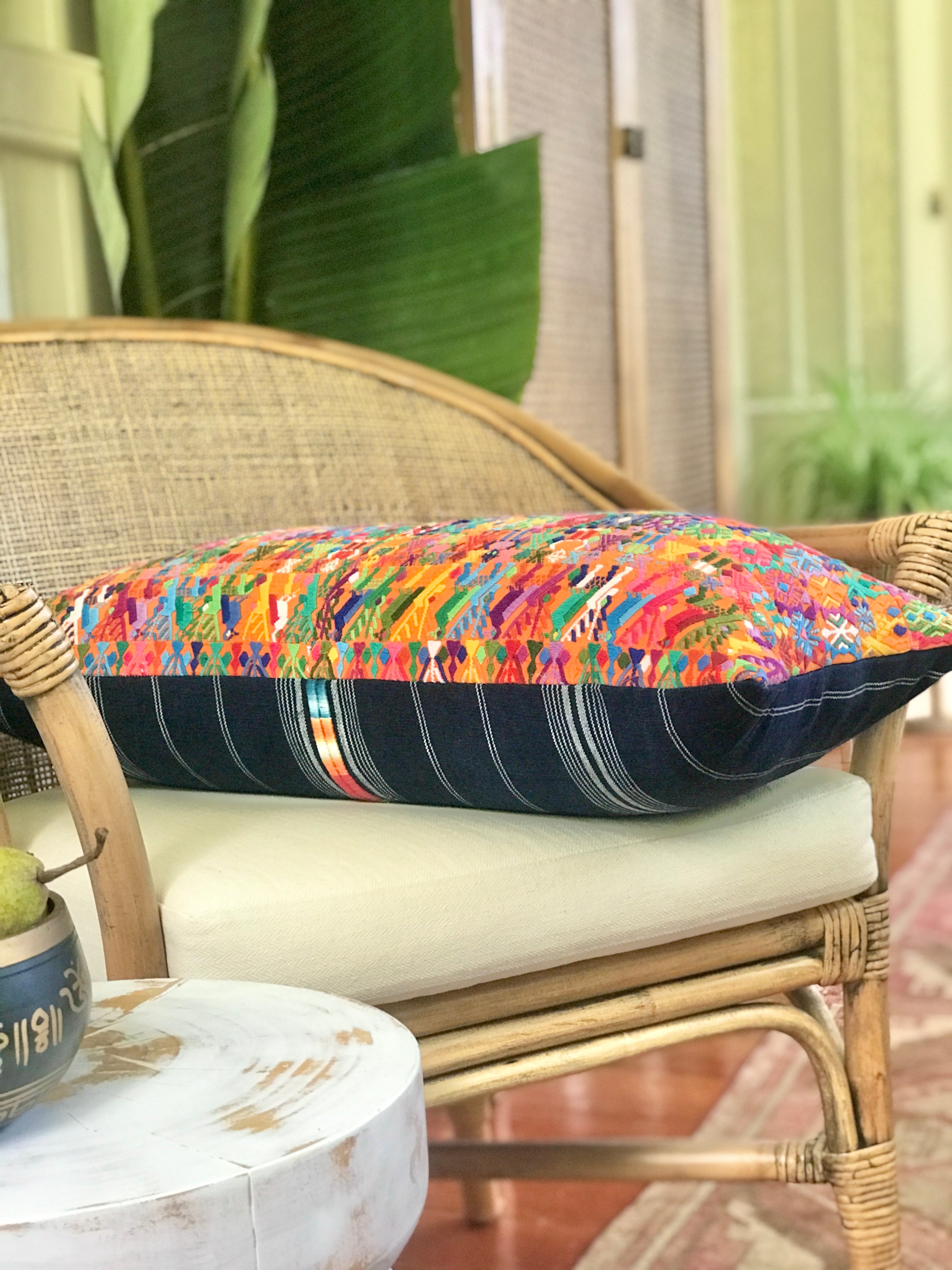 Vintage textile cushions made from a Guatemalan huipil and corte.