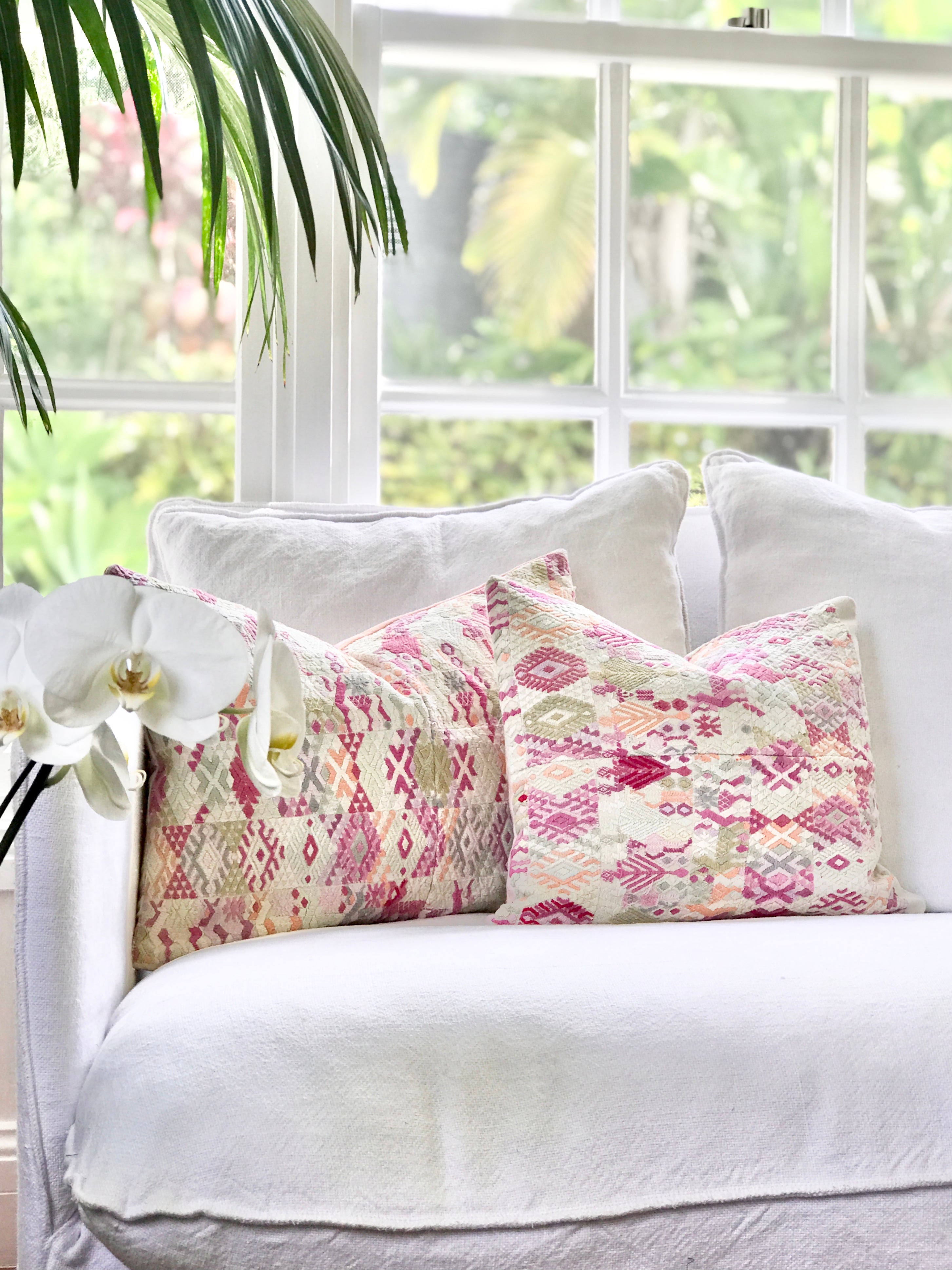 Vintage textile cushions made from a Guatemalan huipil and corte.