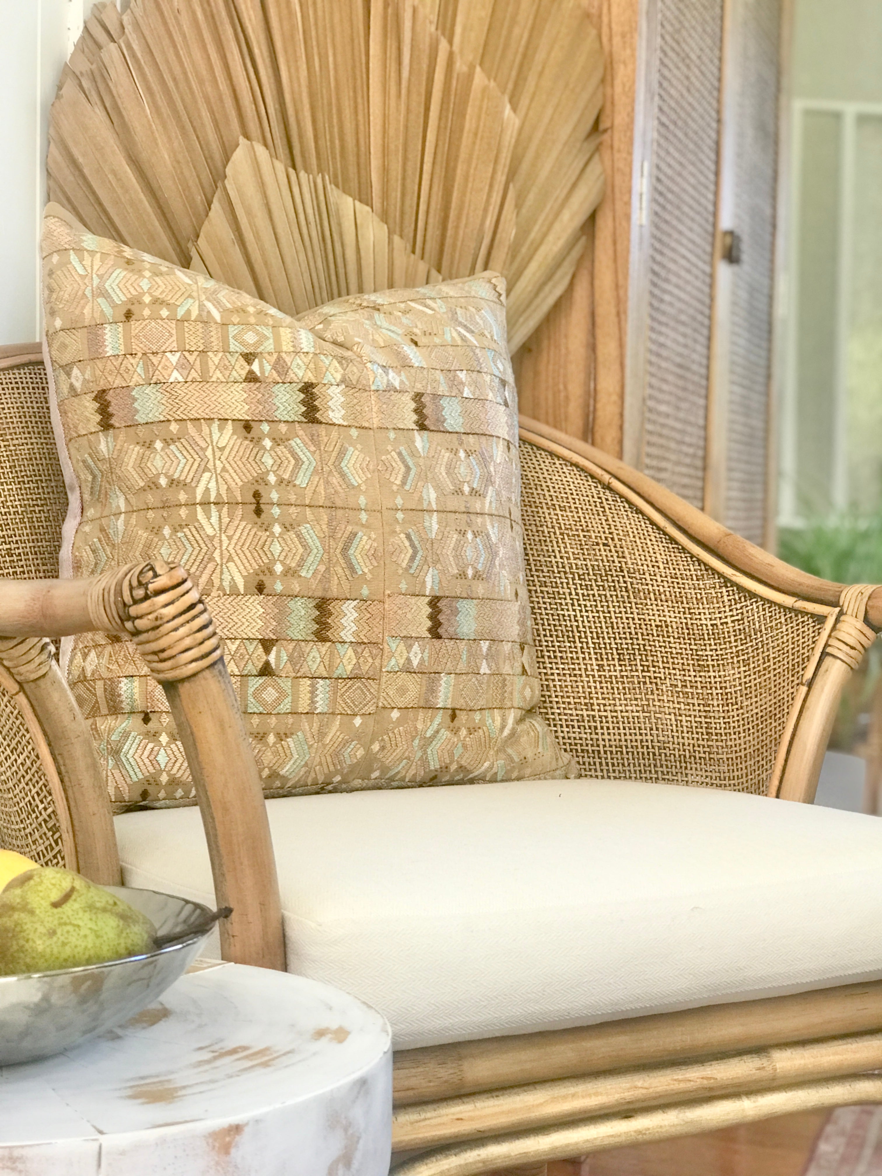 Vintage textile pillows made from a Guatemalan huipil and corte.