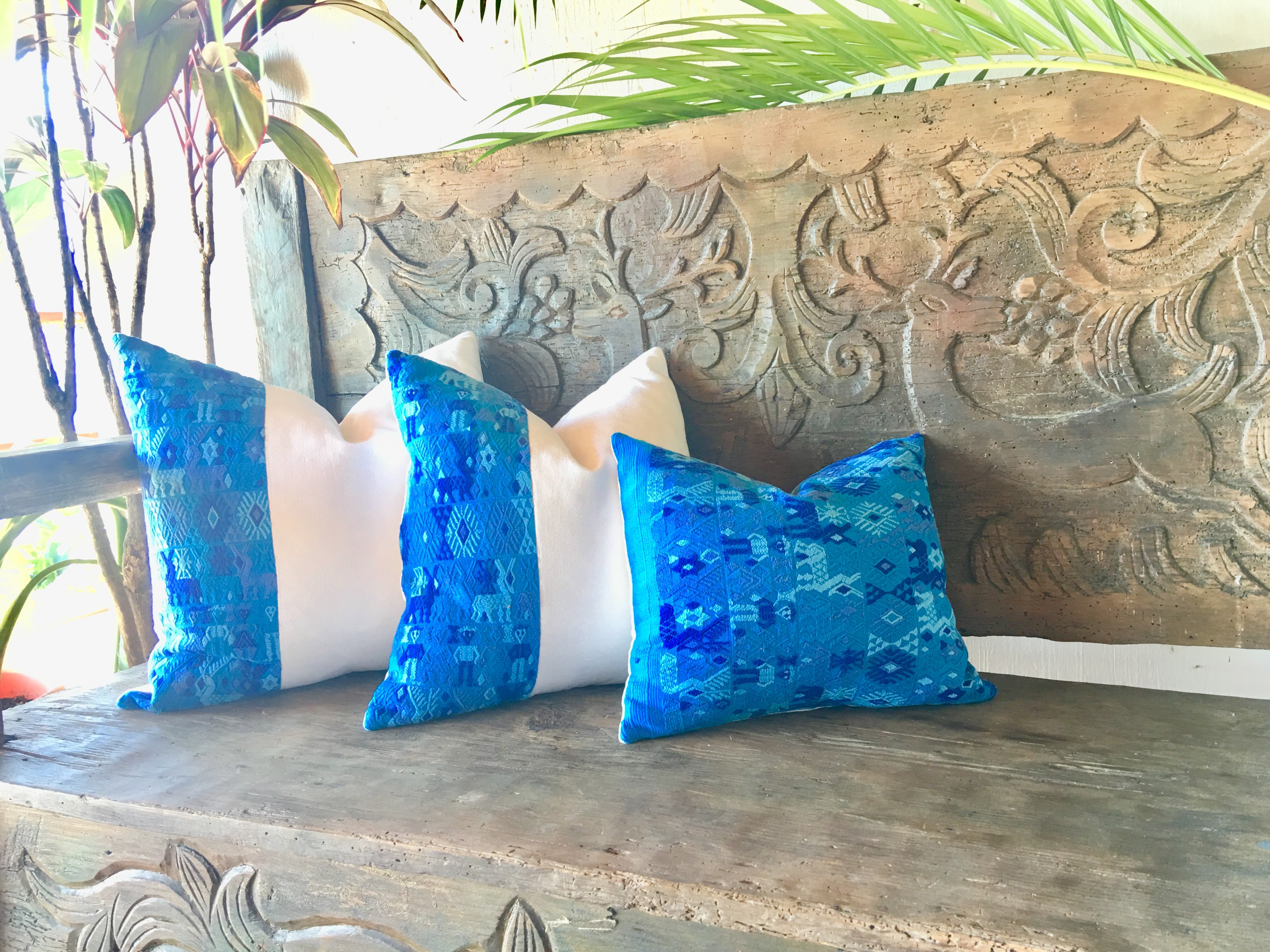 Guatemalan Huipil Pillow, vintage, hand woven blue and white throw cushion from Coban