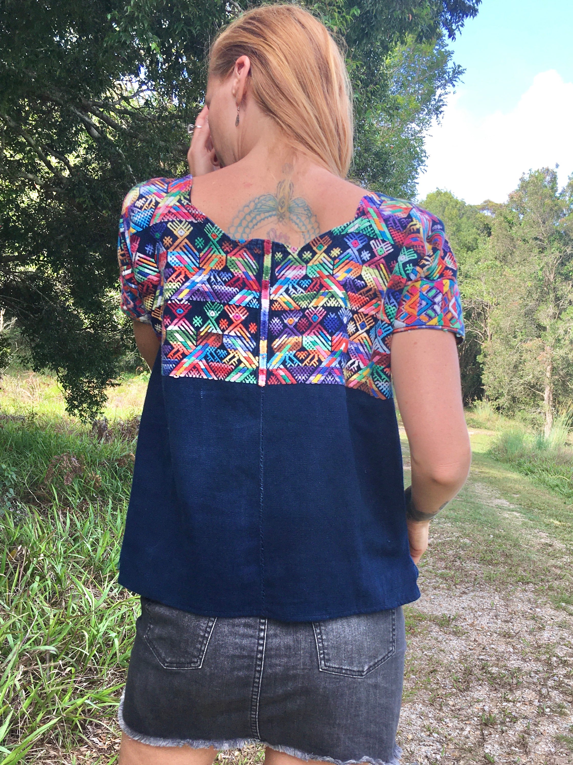 Guatemalan Huipil, navy blue Nahuala huipil with colourful embroidery