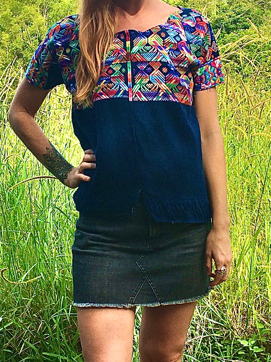 Guatemalan Huipil, navy blue Nahuala huipil with colourful embroidery