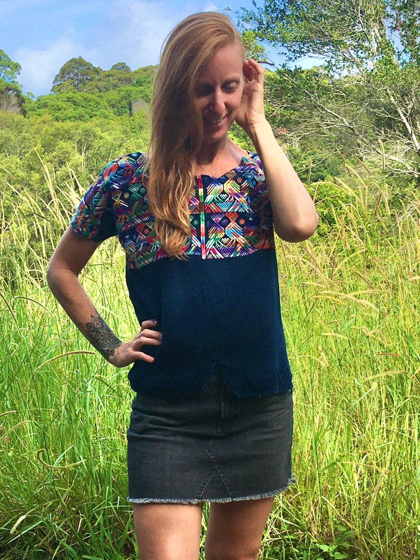 Guatemalan Huipil, navy blue Nahuala huipil with colourful embroidery