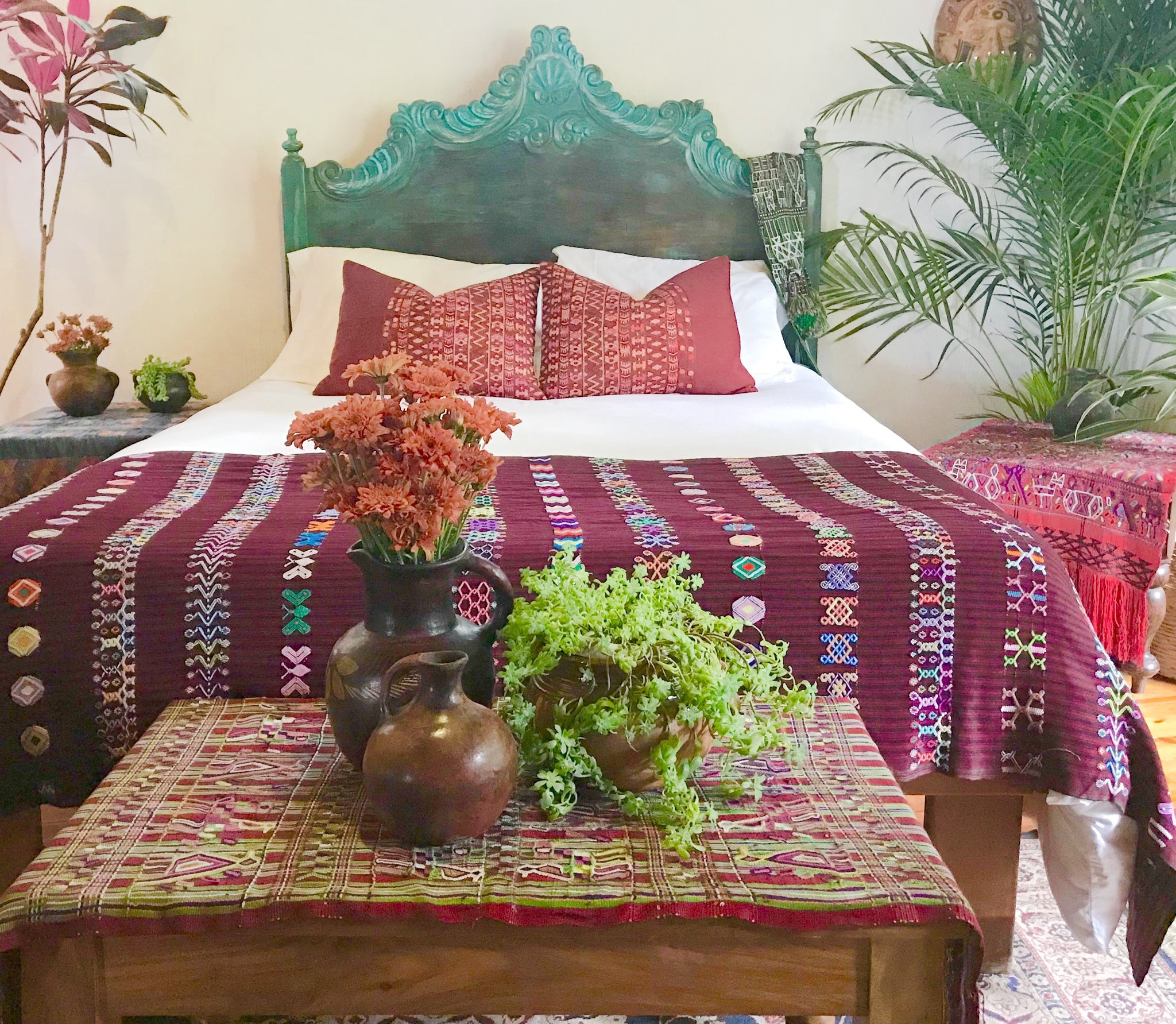 Guatemalan Textile, red and green hand embroidered table runner with fringe, originally a Nebaj tzute