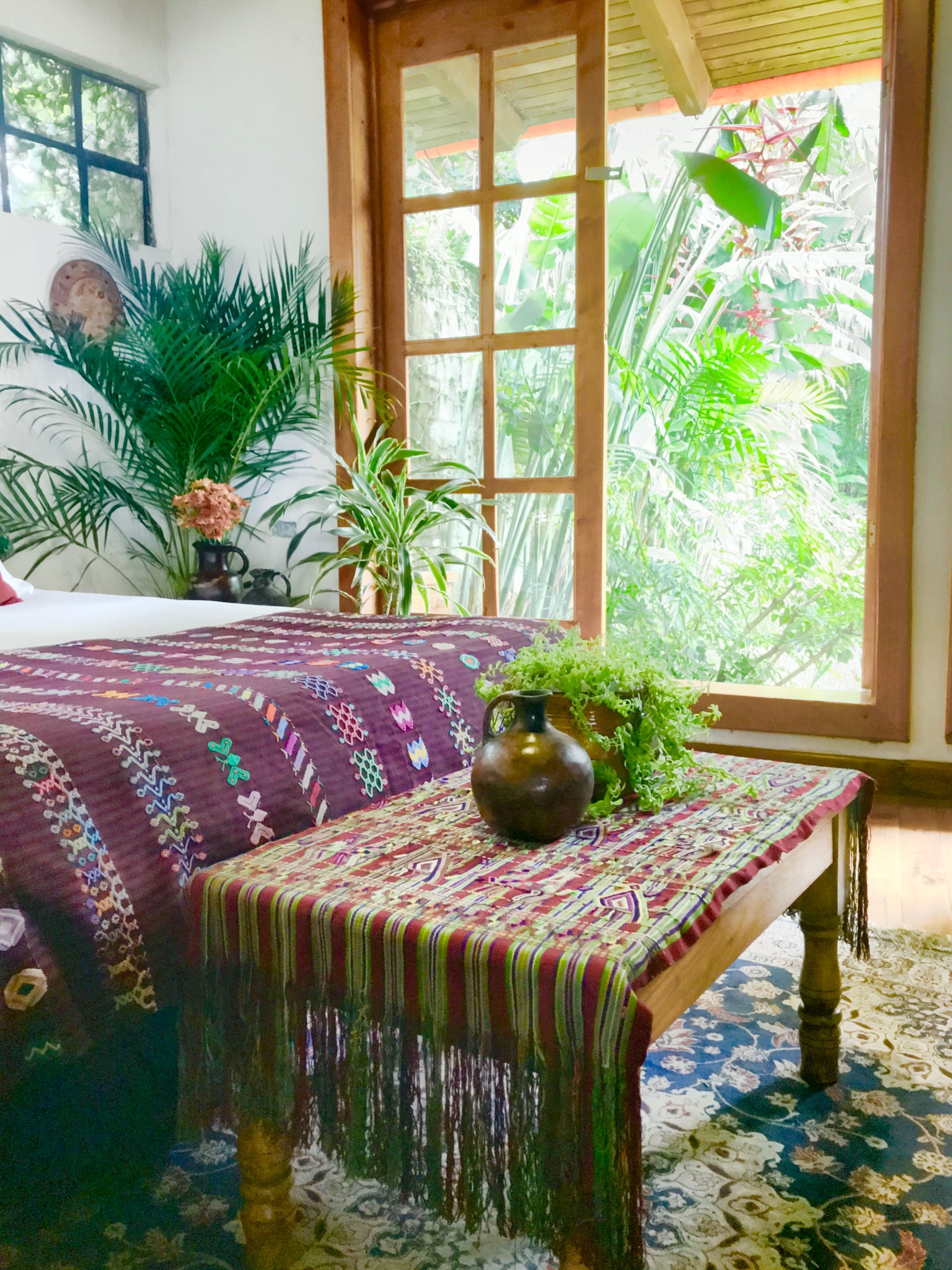 Guatemalan Textile, red and green hand embroidered table runner with fringe, originally a Nebaj tzute