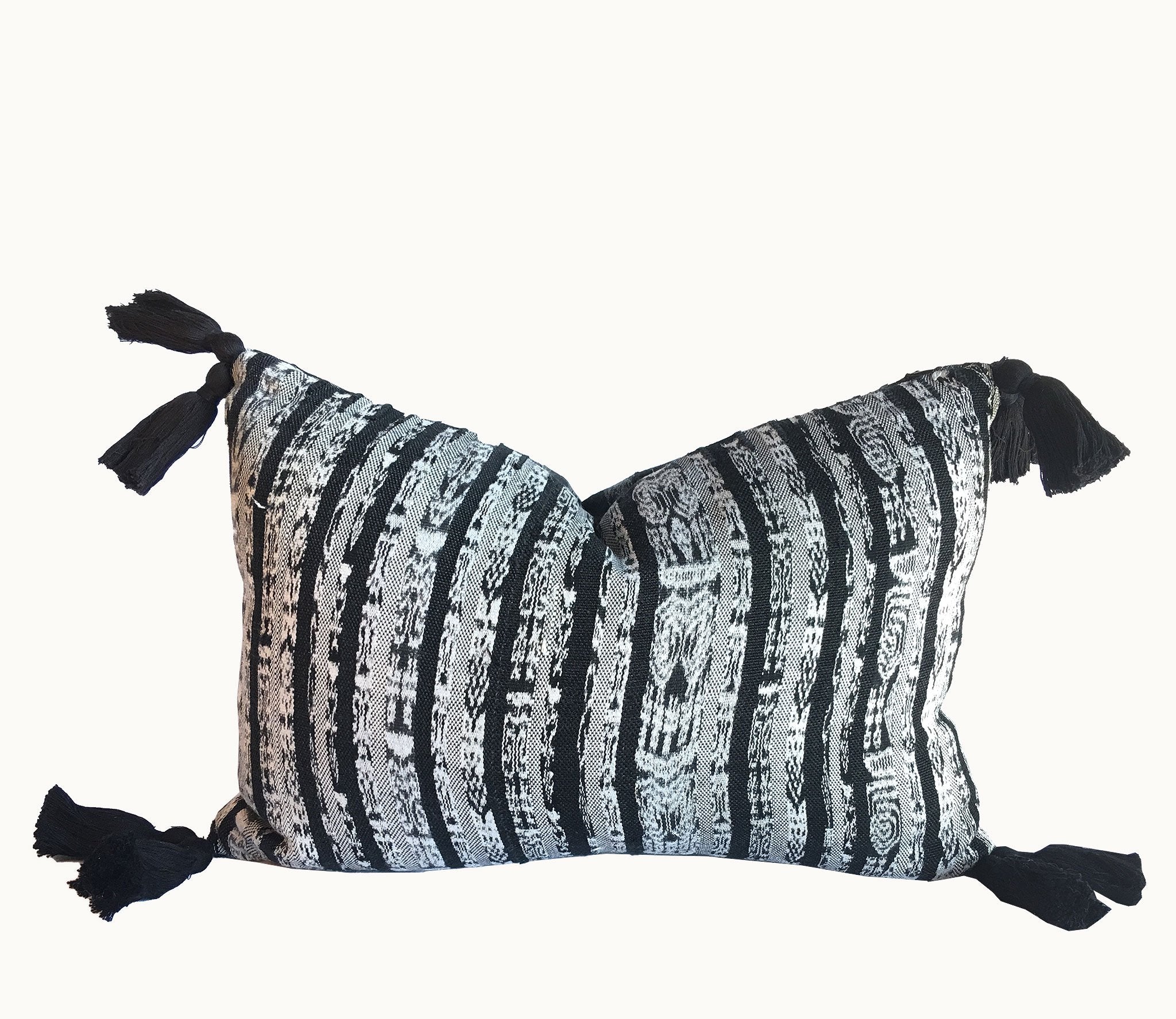 Guatemalan Textile Pillow, vintage, hand woven black and white double sided striped ikat lumbar cushion with tassels