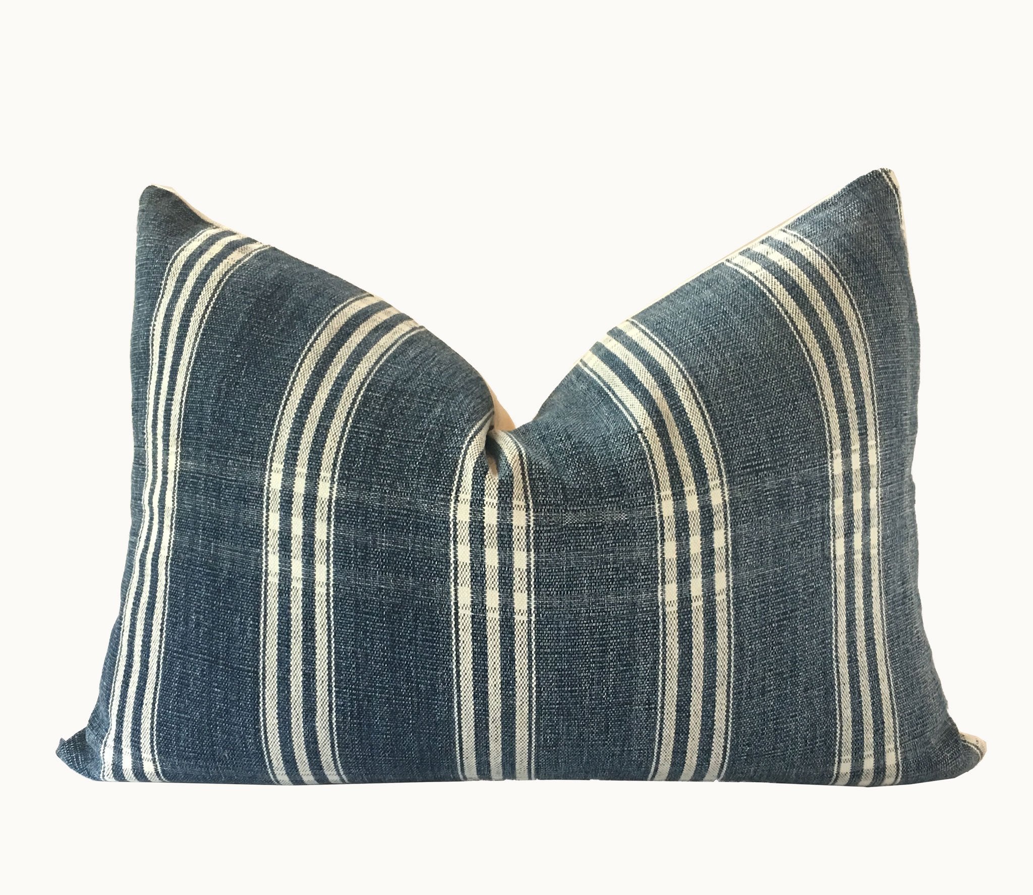 Guatemalan Textile Pillow, vintage hand woven blue and white striped lumbar cushion