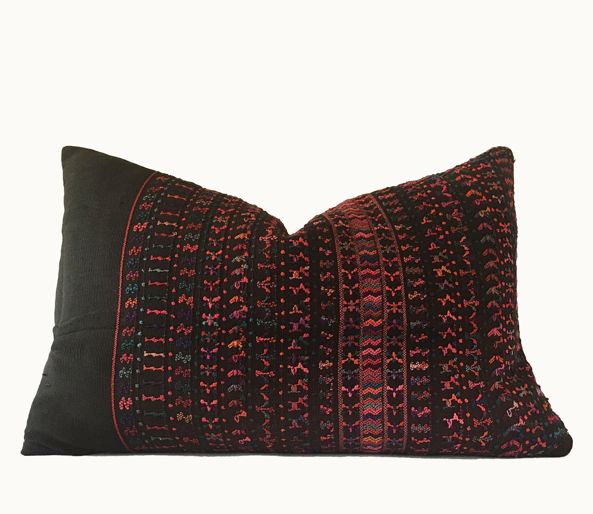 Guatemalan Huipil Pillow, vintage, hand woven black lumbar cushion from San Lucas