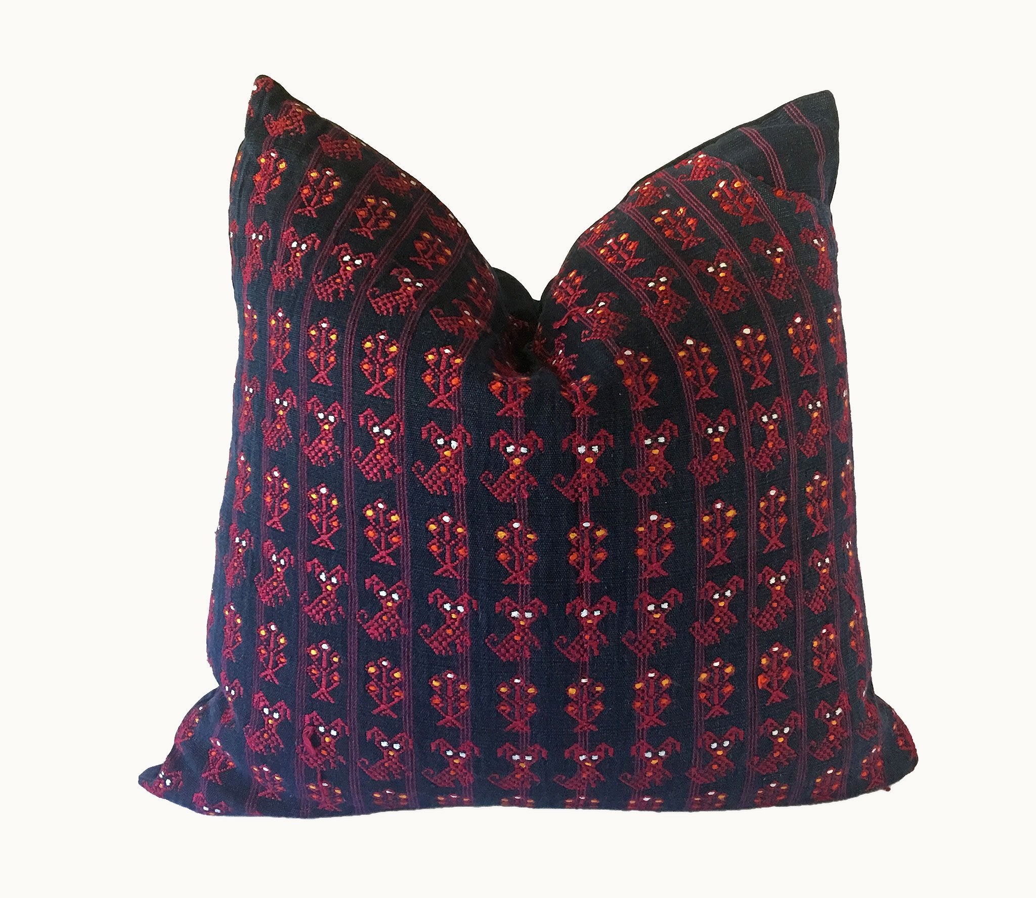 Guatemalan Huipil Pillow, vintage, hand woven blue and pink throw cushion from Nahuala