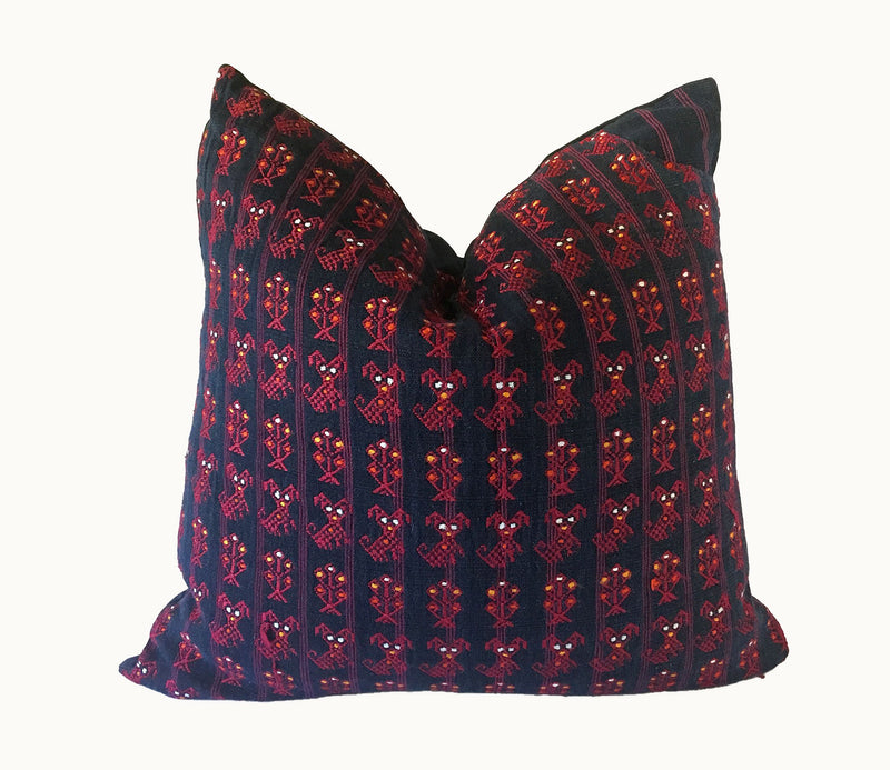 Guatemalan Huipil Pillow, vintage, hand woven blue and pink throw cushion from Nahuala
