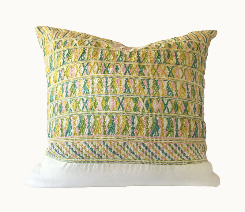 Guatemalan Huipil Pillow, vintage, hand woven green, pink and white lumbar cushion from San Juan Cotzal