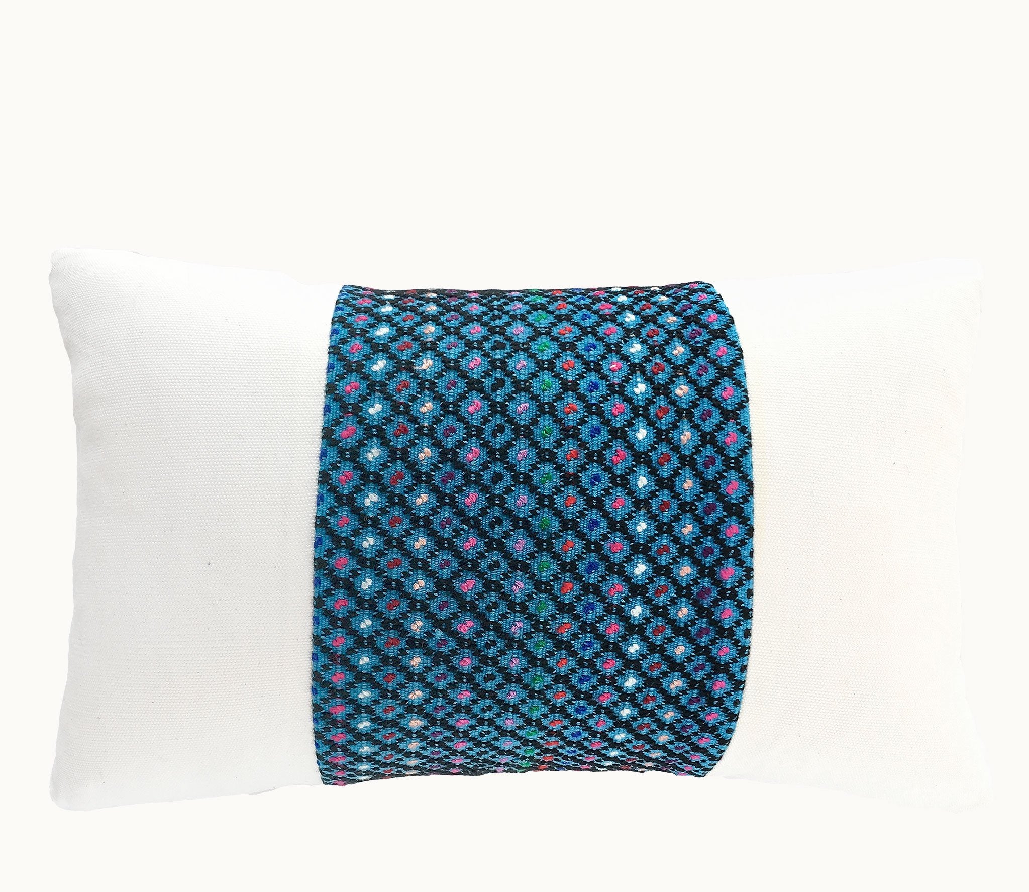 Guatemalan Huipil Pillow, blue and white lumbar cushion from San Lucas