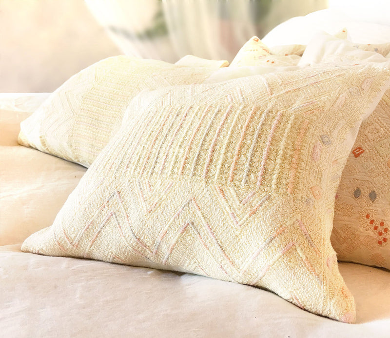 Guatemalan Huipil Pillow, vintage, hand woven pale yellow lumbar cushion from Nahuala
