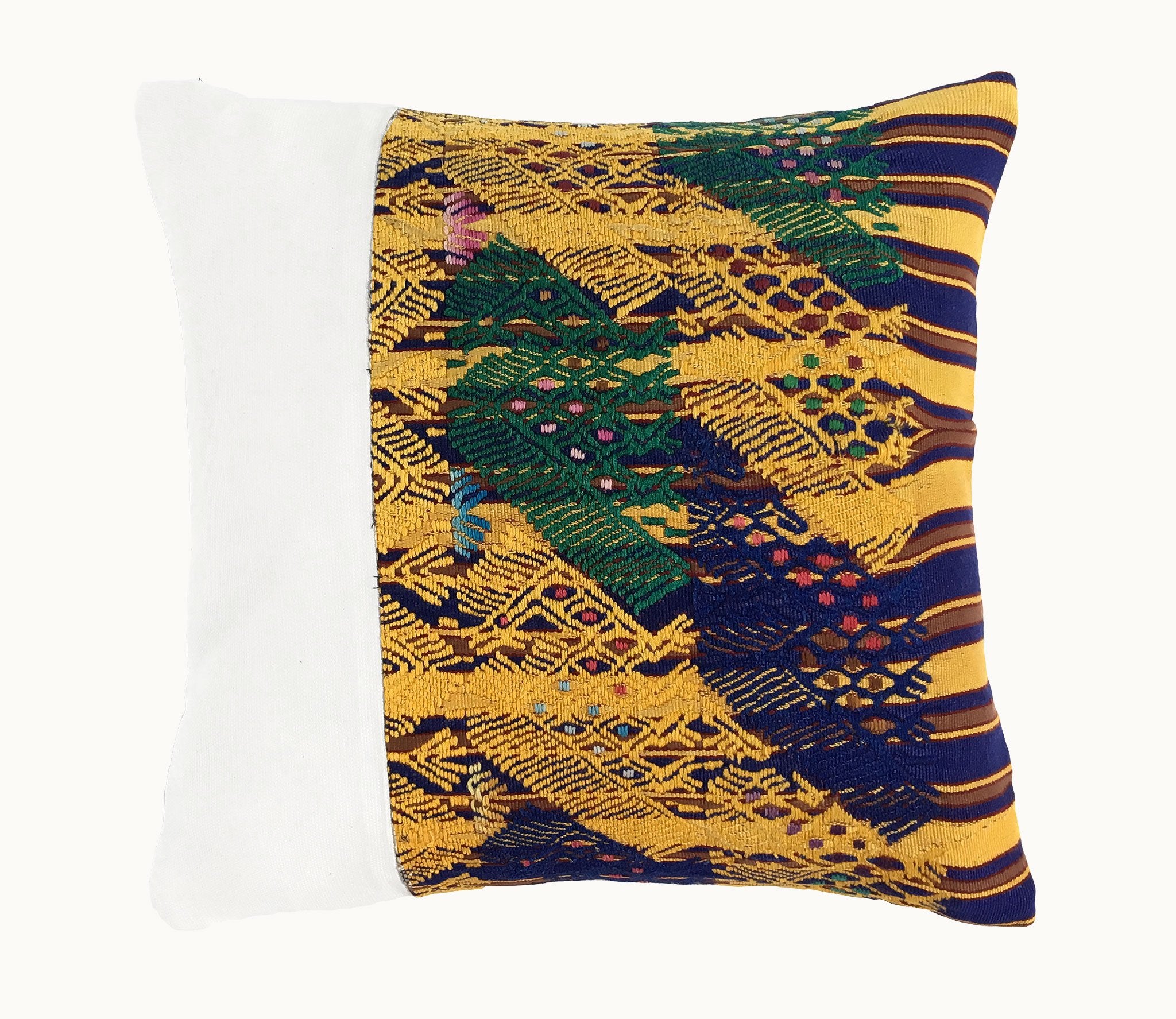 Guatemalan Huipil Pillow, vintage, hand woven blue yellow and white throw cushion from Sacatepequez