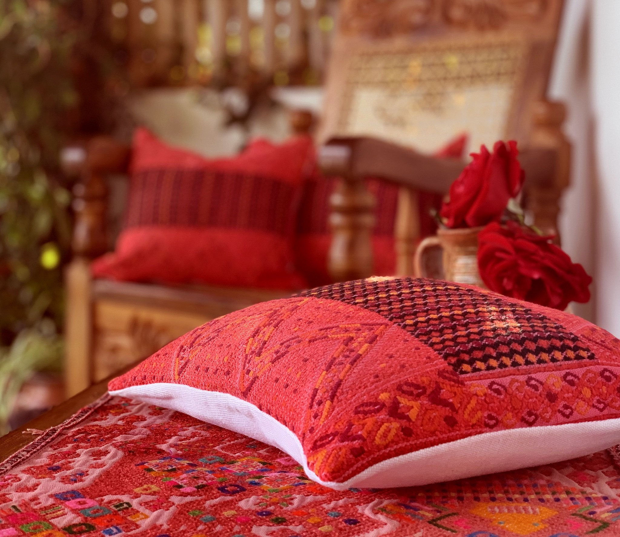 Guatemalan Huipil Pillow, vintage, hand woven, bright pink throw cushion from Nahuala