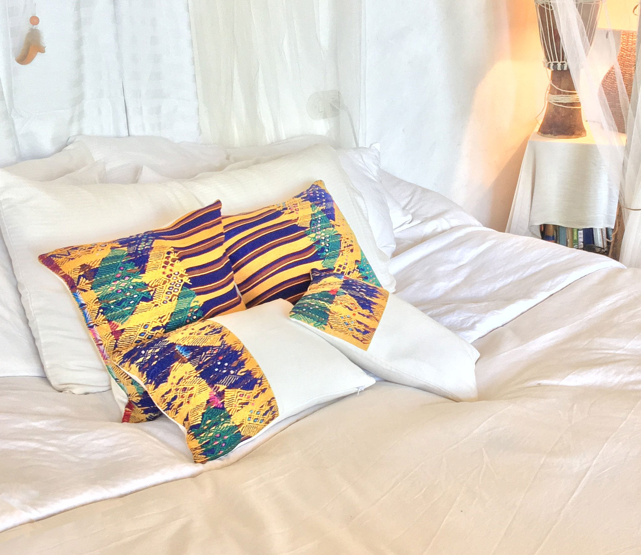 Guatemalan Huipil Pillow, vintage, hand woven blue yellow and white throw cushion from Sacatepequez